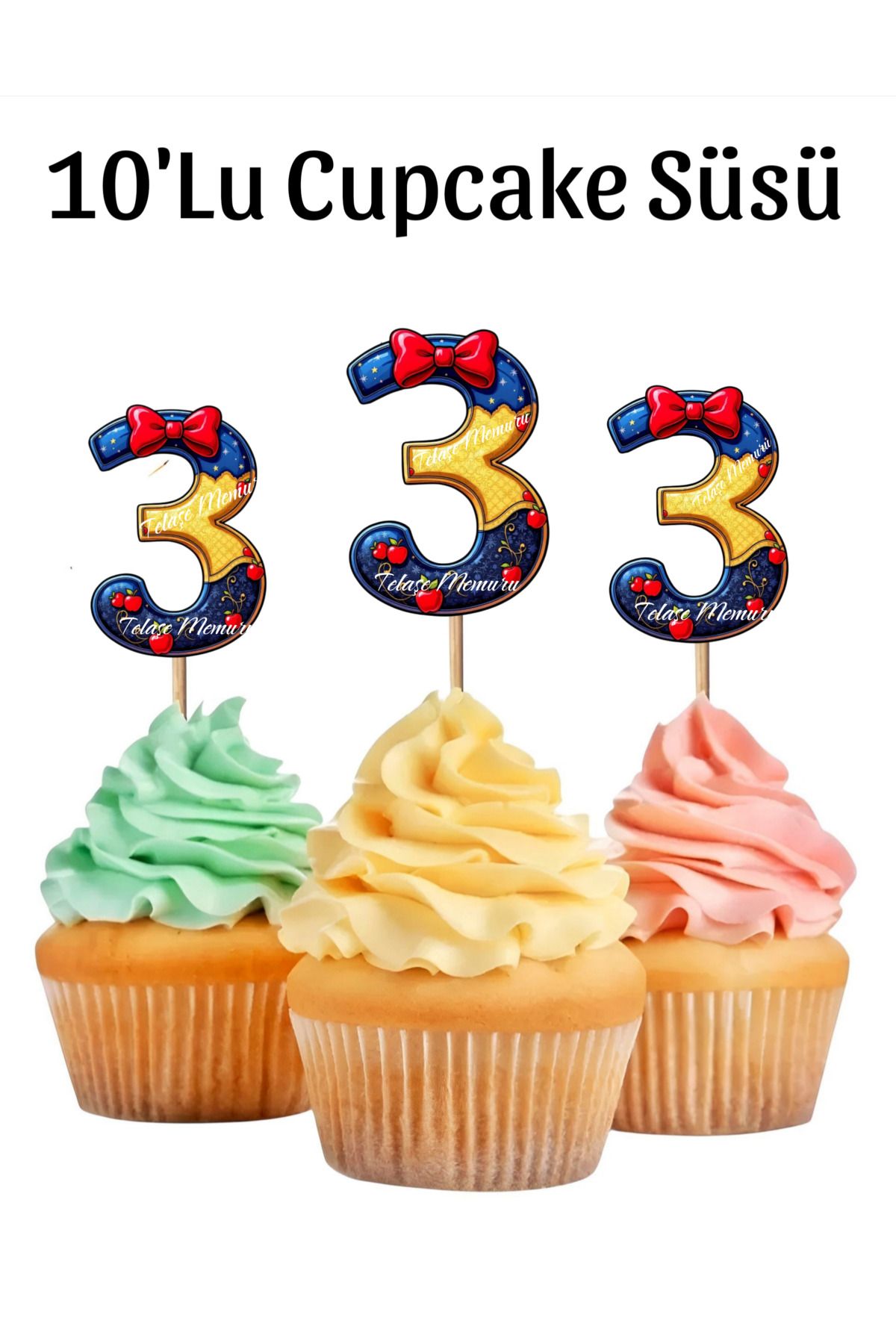 telaşe memuru Pamuk Prenses Temalı 3 (Üç) Yaşında Cupcake Süsü 10'Lu Kagıt Baskı