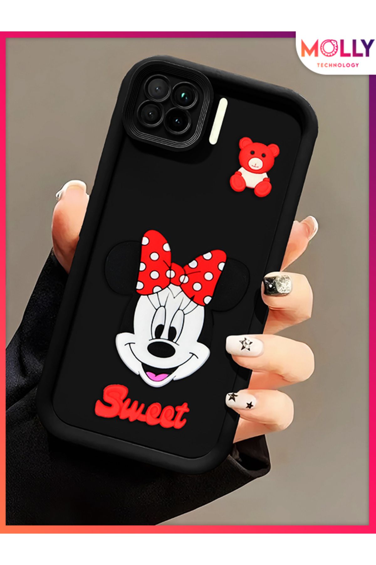 Molly Oppo RENO 4 LİTE İçin Siyah Kenarları Kalın 3d Kabartmalı Sevimli Minnie Silikon Kılıf