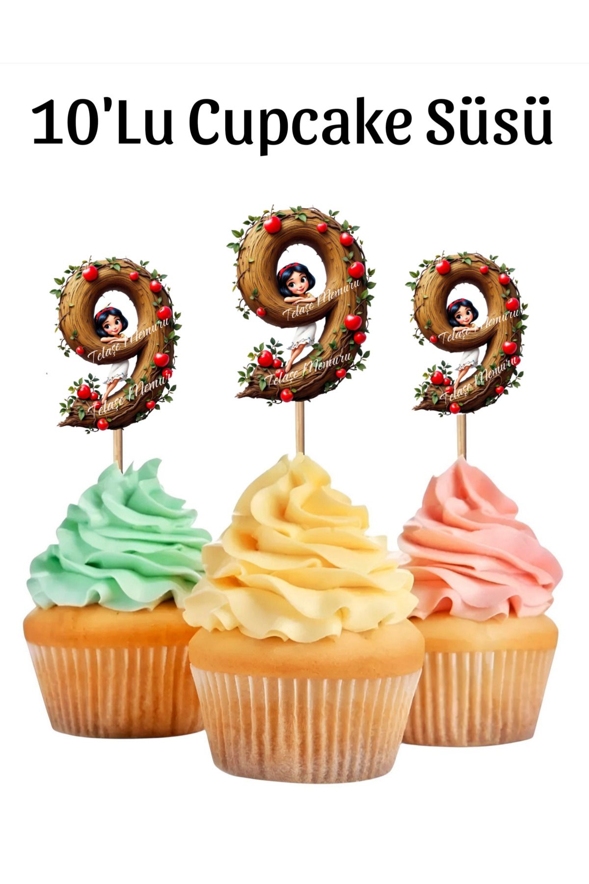 telaşe memuru Pamuk Prenses Temalı 9 (Dokuz) Yaşında Cupcake Süsü 10 'Lu