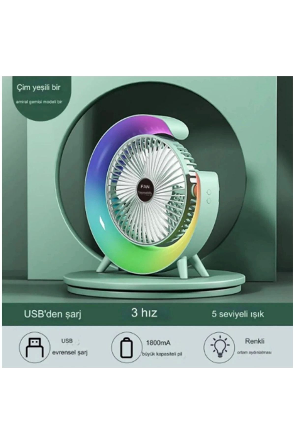 YNT İthalat Masaüstü Vantilatör Usb Şarjlı Rgb Led Işıklı 3 Kademeli 180° Ayarlanabilir Soğutucu Fan Yeşil