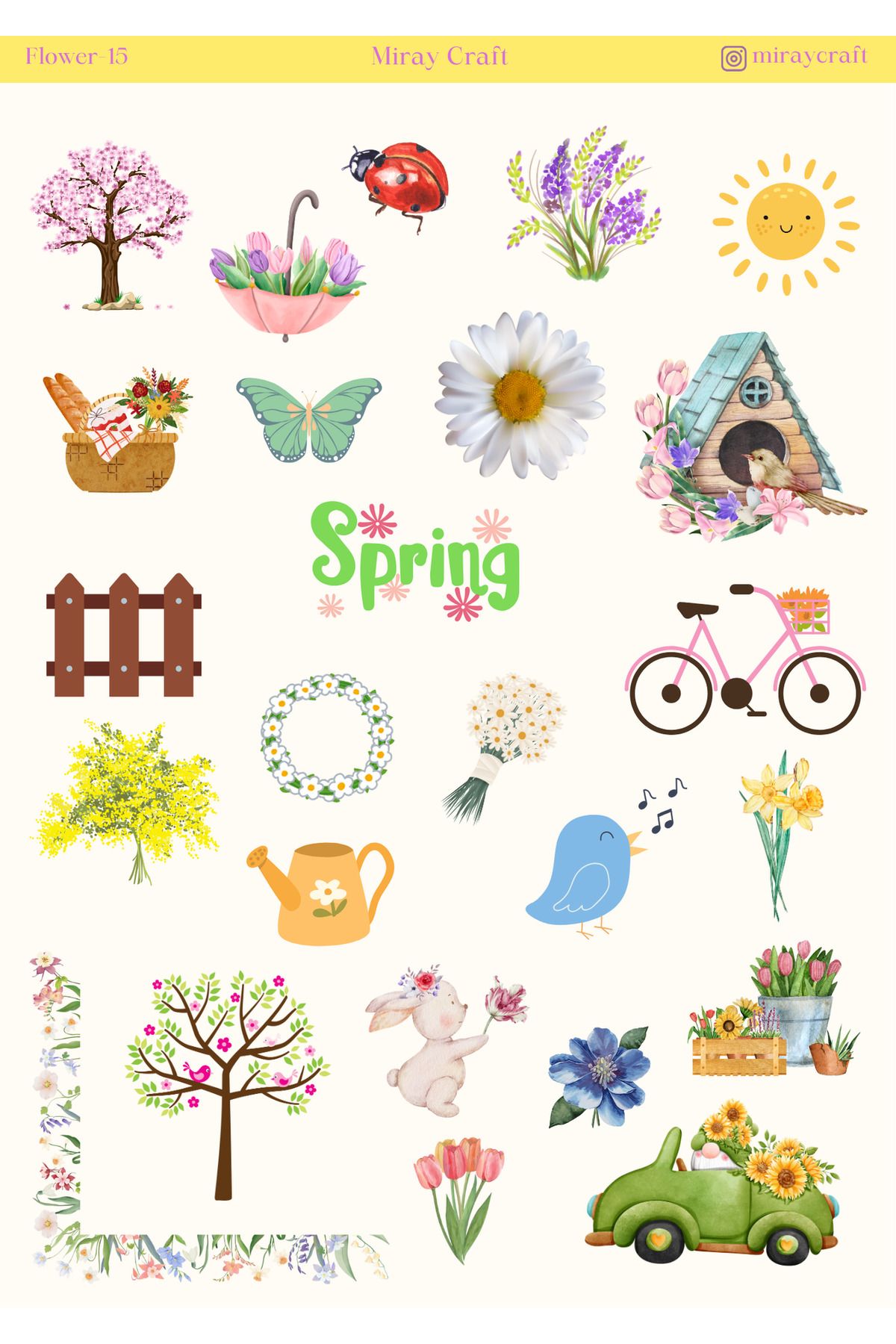MirayDesign 1 Adet Çiçek Temalı Sticker (12x17 cm) Bullet Journal, Scrapbook, Ajanda ve Planlayıcı İçin