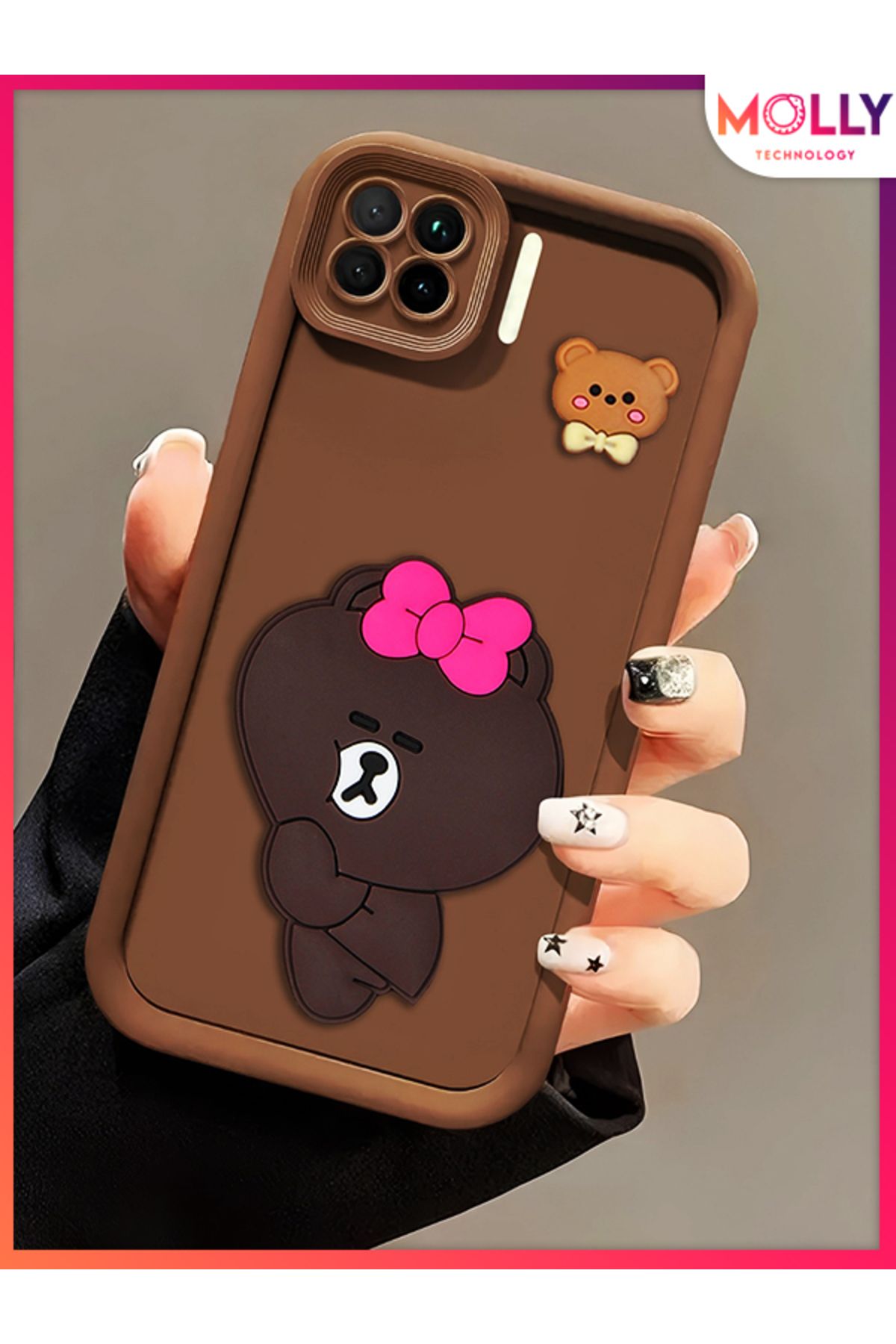 Molly Oppo RENO 4 LİTE İçin Fallow Brown Kenarları Kalın 3d Kabartmalı Alice Bear Silikon Kılıf