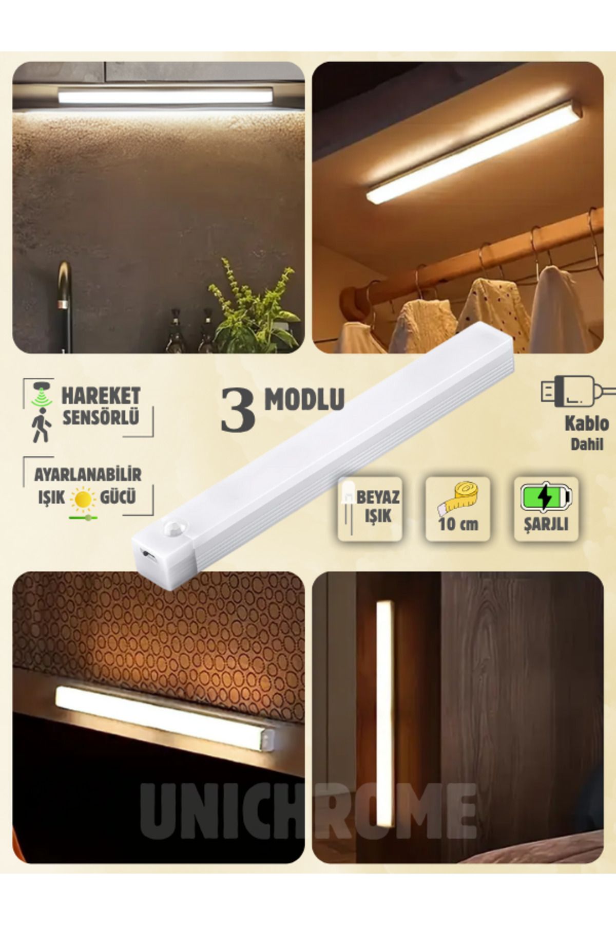 Folveit Hareket Sensörlü Tüp Ledli Şarjlı Beyaz Led Auto Mod Dolap Içi, Koridor, Tezgah Altı 10cm