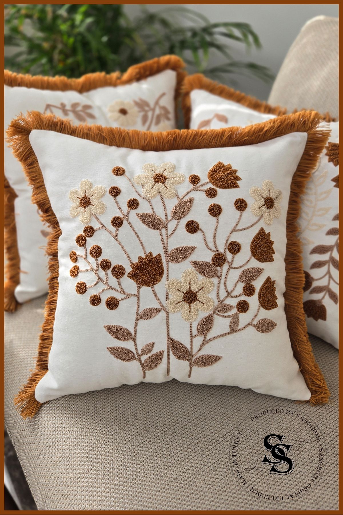 SasoHome Beauty Flowers Punch Nakış Desenli Keten Kırlent Kılıfı