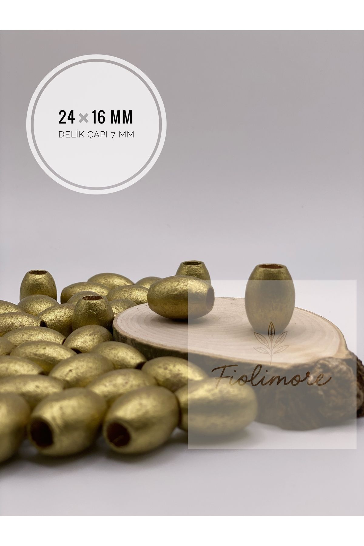 Fiolimore Oval Ahşap Renkli Altın Sarısı Boncuk 24x16 mm (50 Gram 25 Adet) Delik Çapı 7 mm Badem Tahta Boncuk