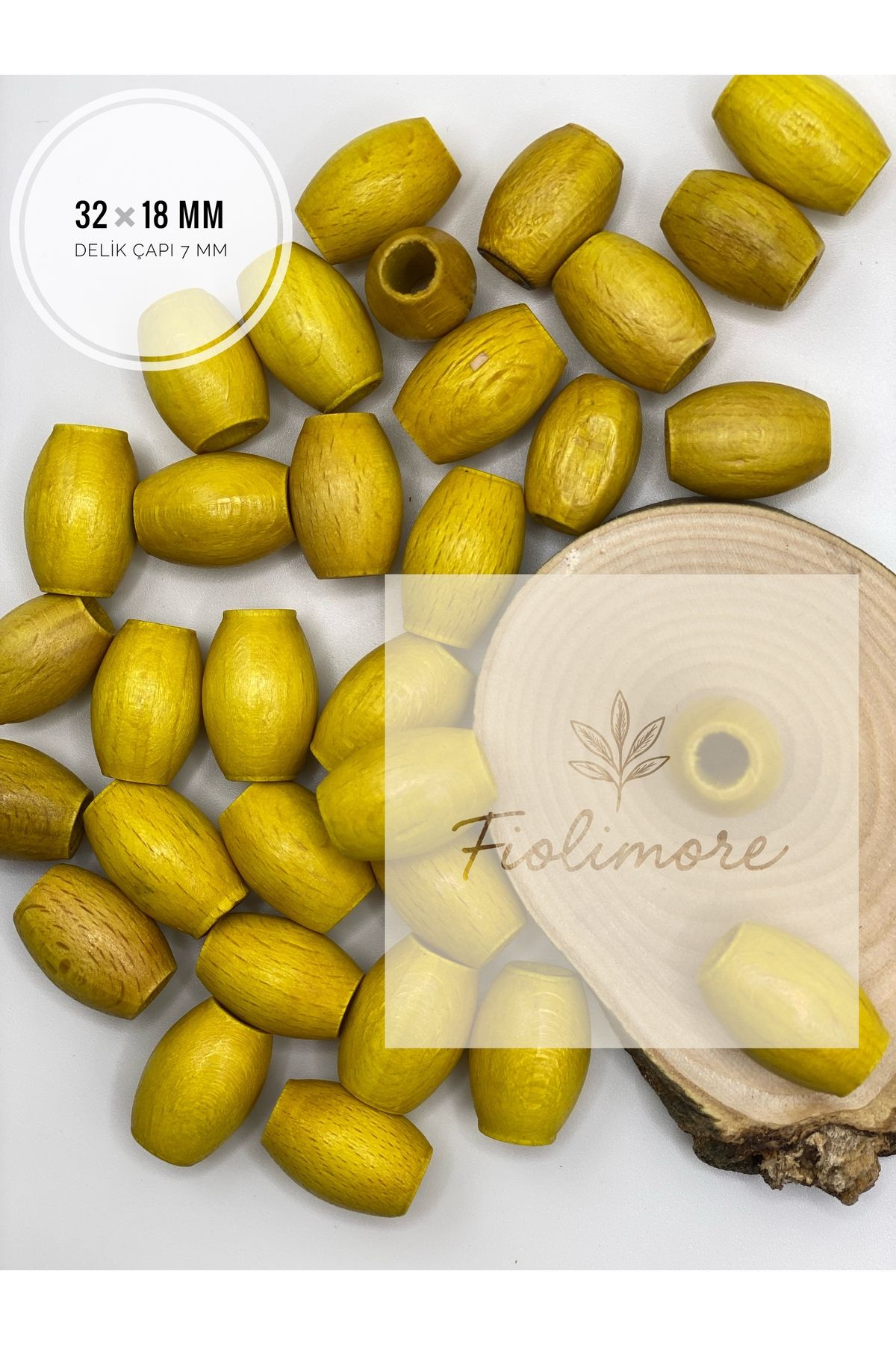 Fiolimore Oval Ahşap Renkli Sarı Rengi Boncuk 32x18 mm (50 Gram 15 Adet) Delik Çapı 7 mm Badem Tahta Boncuk