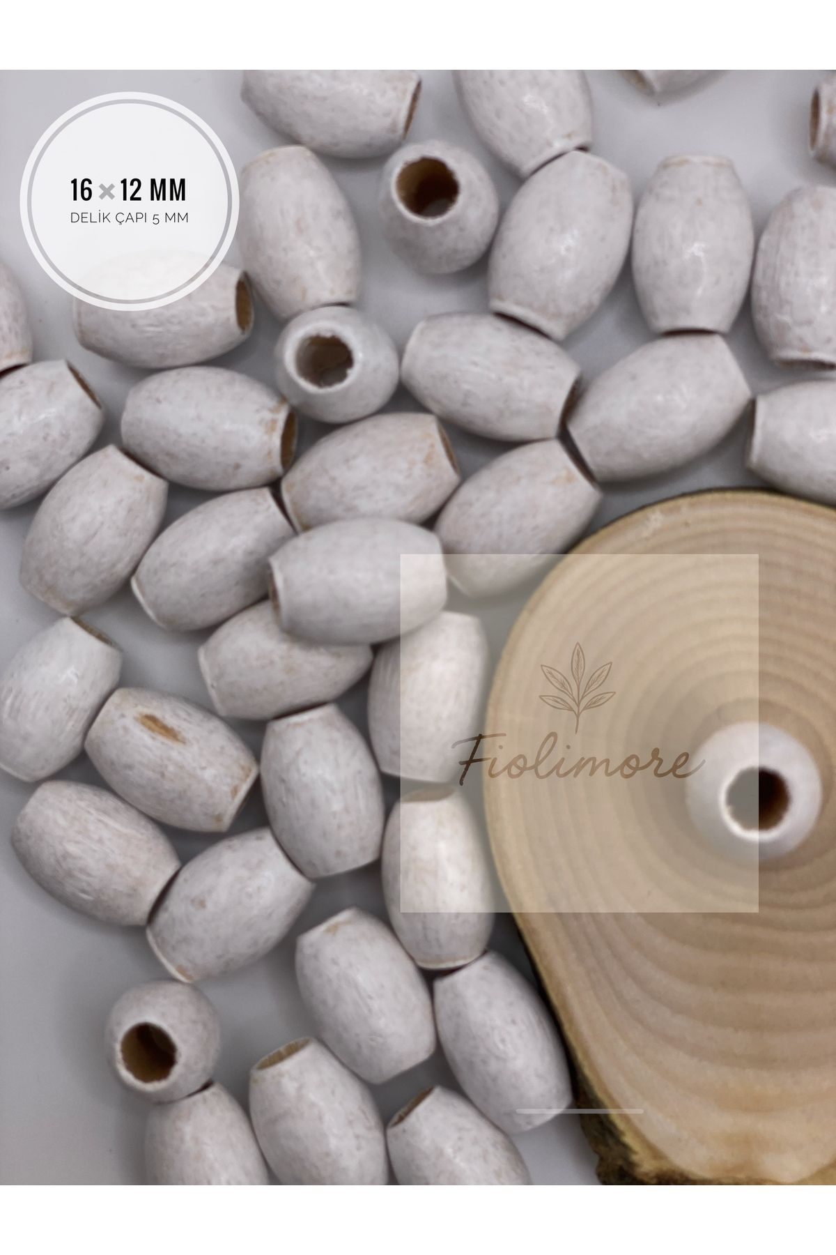 Fiolimore Oval Ahşap Renkli Beyaz Rengi Boncuk 16x12 mm (50 Gram 75 Adet) Delik Çapı 5 mm Badem Tahta Boncuk
