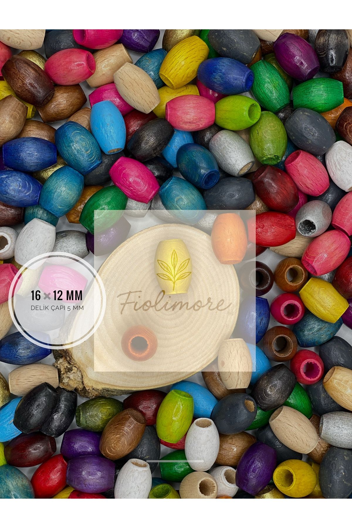Fiolimore 16x12 Mm Karışık Renkli Tahta Ahşap Boncuk Delik Çapı 5 Mm (50GR-75 ADET BONCUK)
