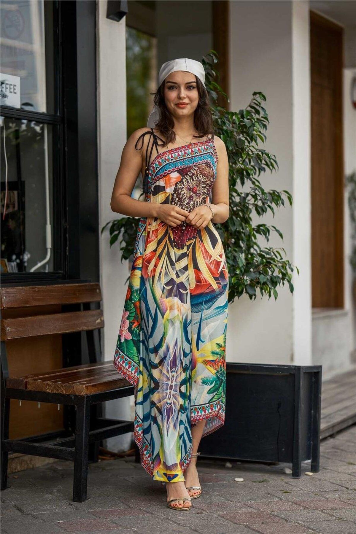 Miss Boheme Sarı Renk Boyundan Bağlamalı Taş Detaylı İpek Elbise