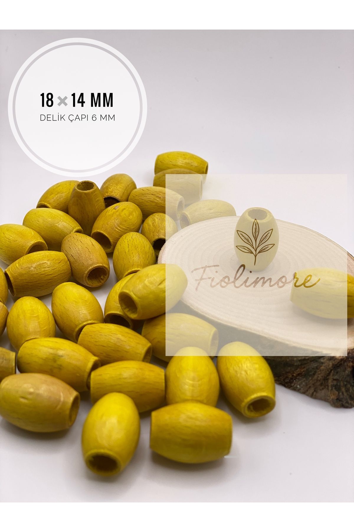 Fiolimore Oval Ahşap Renkli Sarı Rengi Boncuk 18x14 mm (50 Gram 40 Adet) Delik Çapı 6 mm Badem Tahta Boncuk