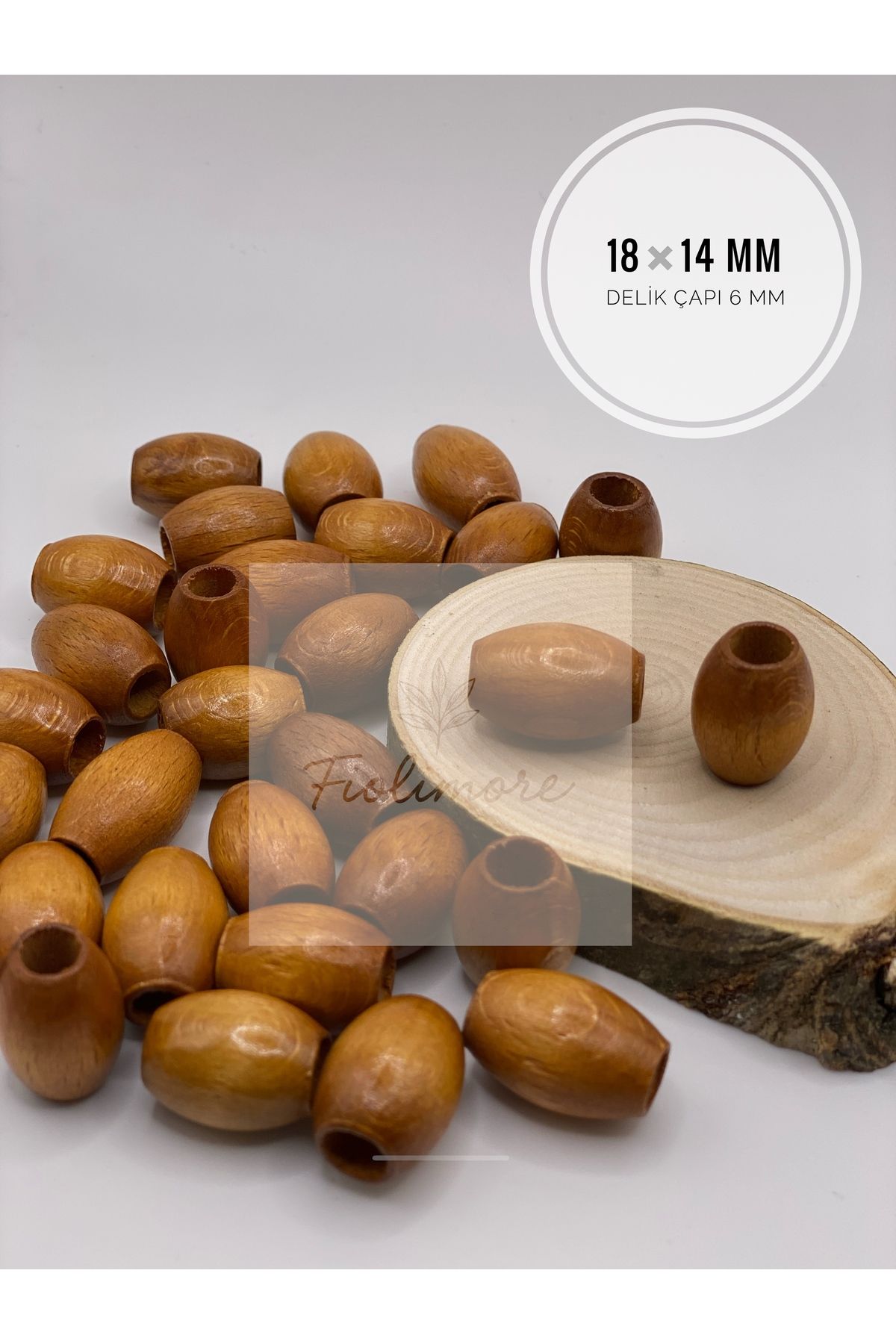Fiolimore Oval Ahşap Renkli Taba Rengi Boncuk 18x14 mm (50 Gram 40 Adet) Delik Çapı 6 mm Badem Tahta Boncuk