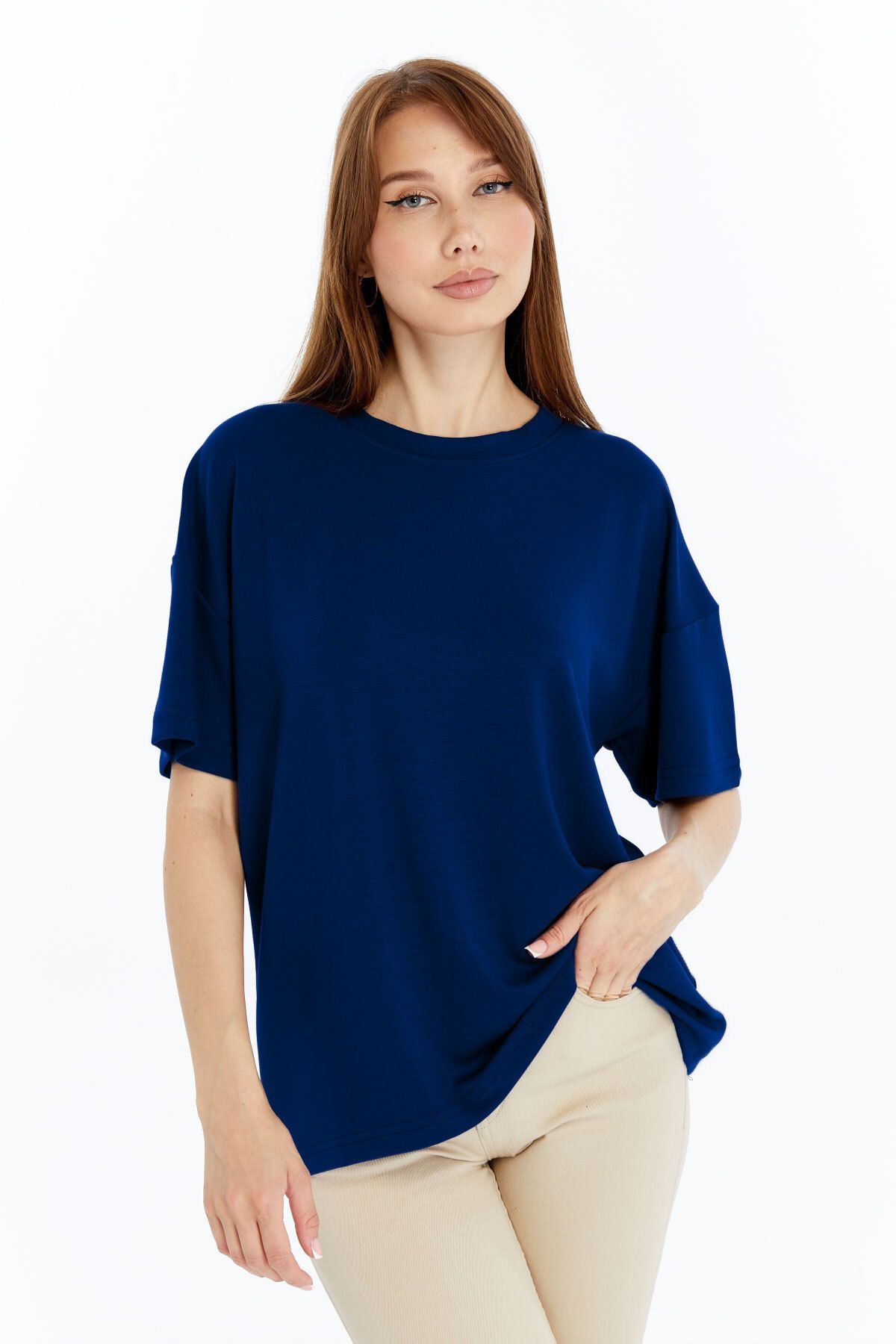 KRAVEN Kadın Modal Tişört Oversize Rahat Bol Kalıp T-Shirt Ağır Kumaş Kolay Kırışmaz Ütü Gerektirmeyen
