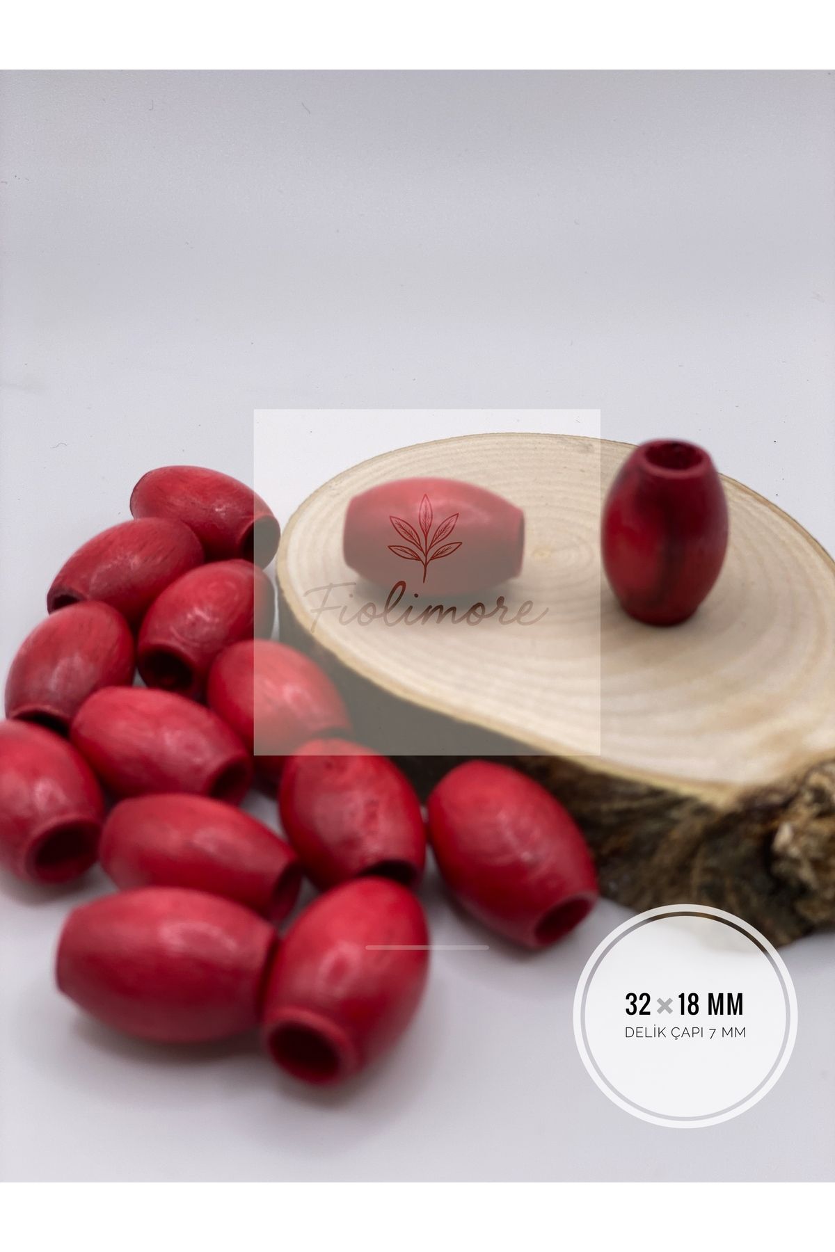Fiolimore Oval Ahşap Renkli Kırmızı Boncuk 32x18 mm (50 Gram 15 Adet) Delik Çapı 7 mm Badem Tahta Boncuk