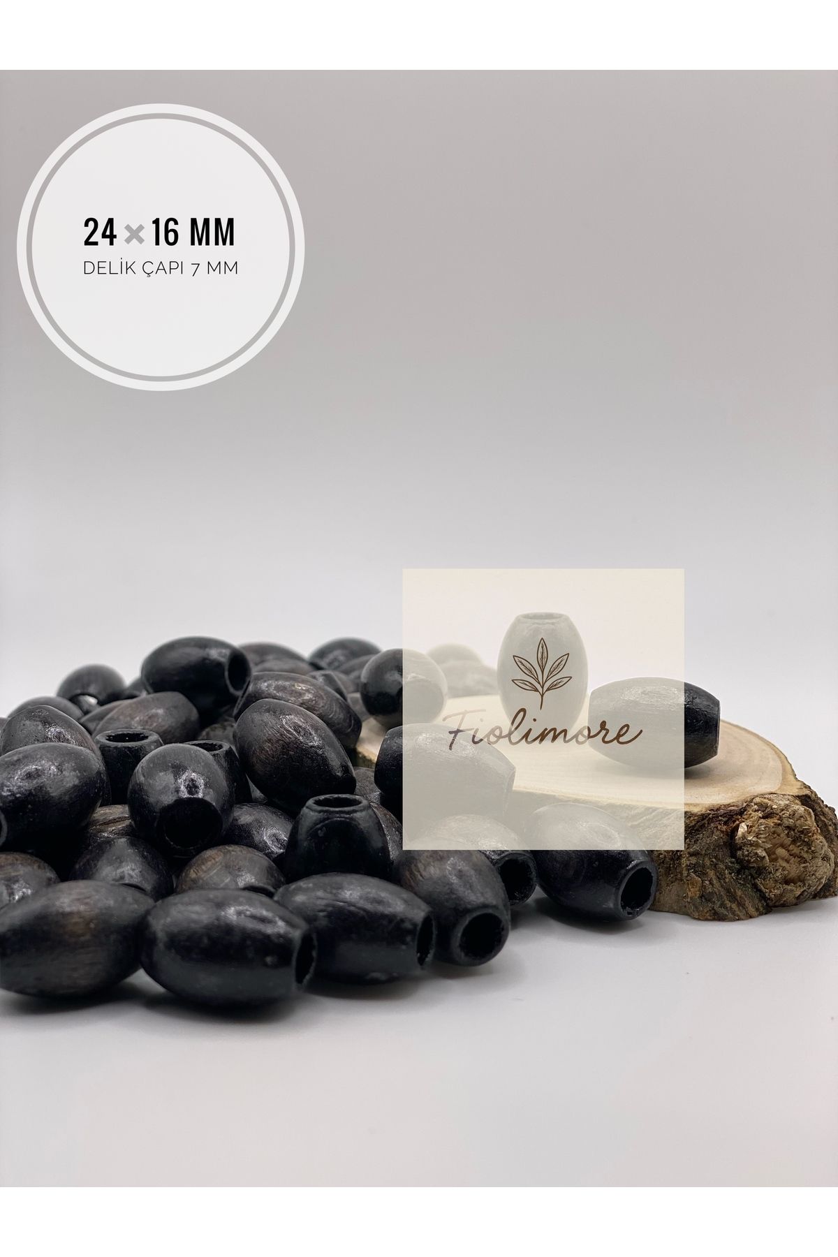 Fiolimore Oval Ahşap Renkli Kırçıllı Siyah Boncuk 24x16 mm (50 Gram 25 Adet) Delik Çapı 7 mm Badem Boncuk