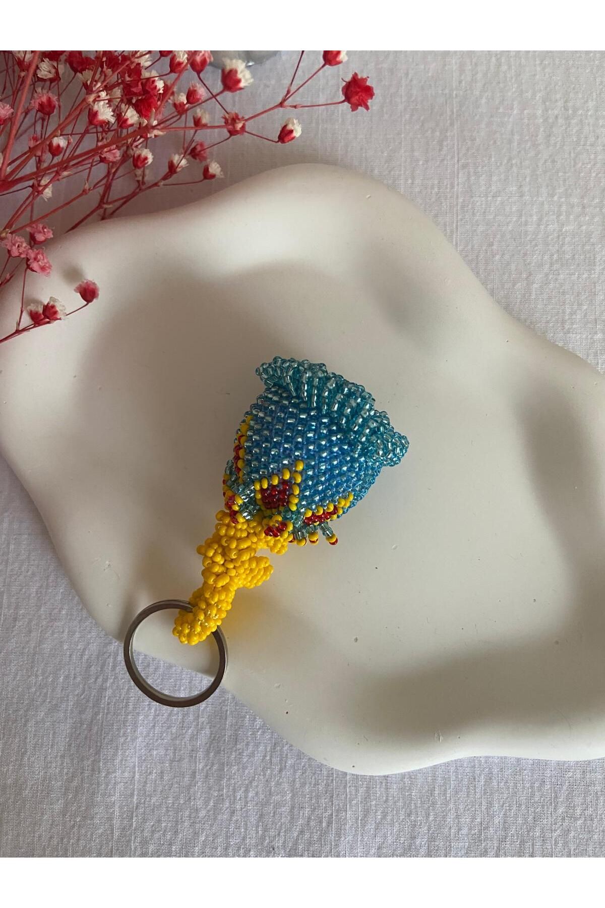 Handmade KUM BONCUK EL İŞİ ORTA BOY MAVİ GÜL ANAHTARLIK