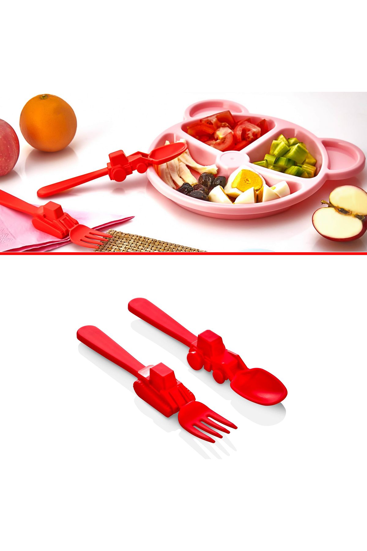 Buzka Figürlü Şekilli Çocuk Çatal Kaşık ve Ayıcık Figürlü Tabak Seti Bebek Yemek Mama Seti Kırmızı
