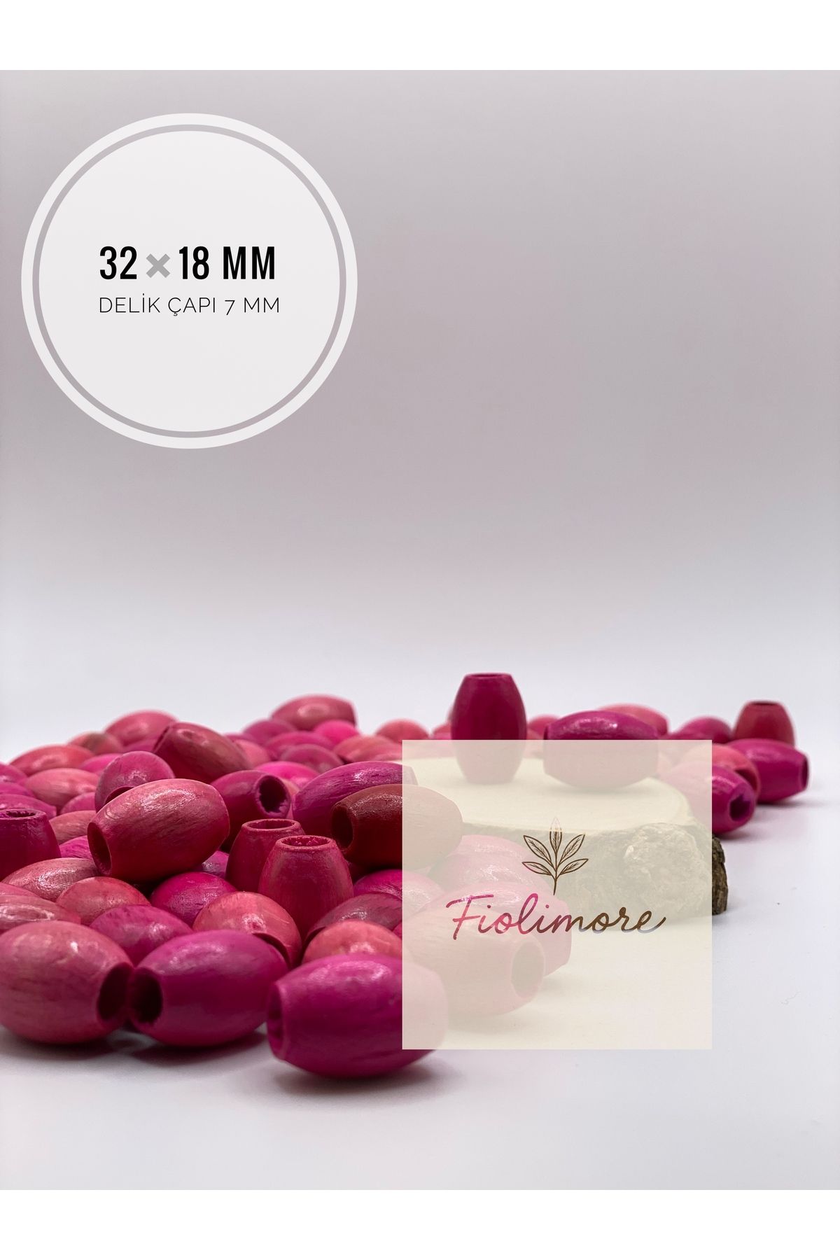 Fiolimore Oval Ahşap Renkli Fuşya Pembe Renk Boncuk 32x18 mm (50 Gram 15 Adet) Delik Çapı 7 mm Badem Tahta