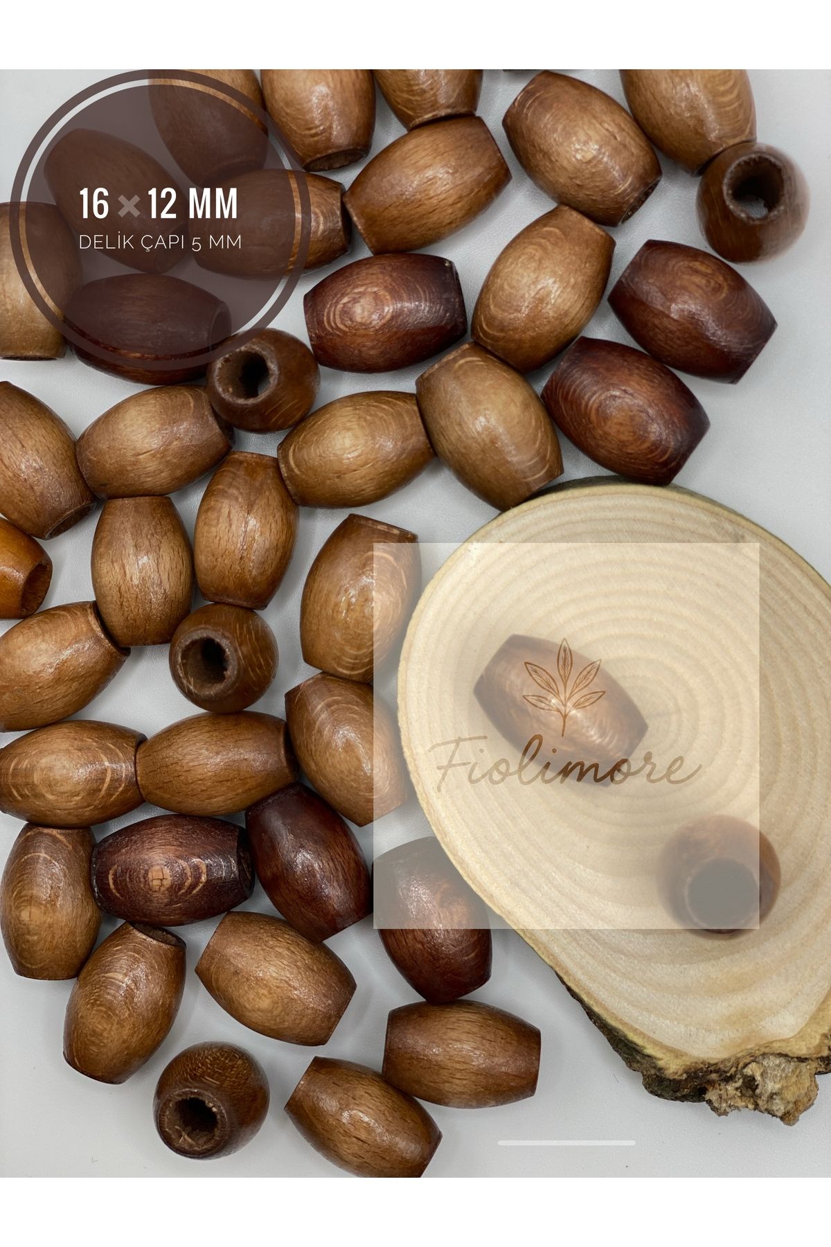 Fiolimore Oval Ahşap Renkli Kahverengi Boncuk 16x12 mm (50 Gram 75 Adet) Delik Çapı 5 mm Badem Tahta Boncuk