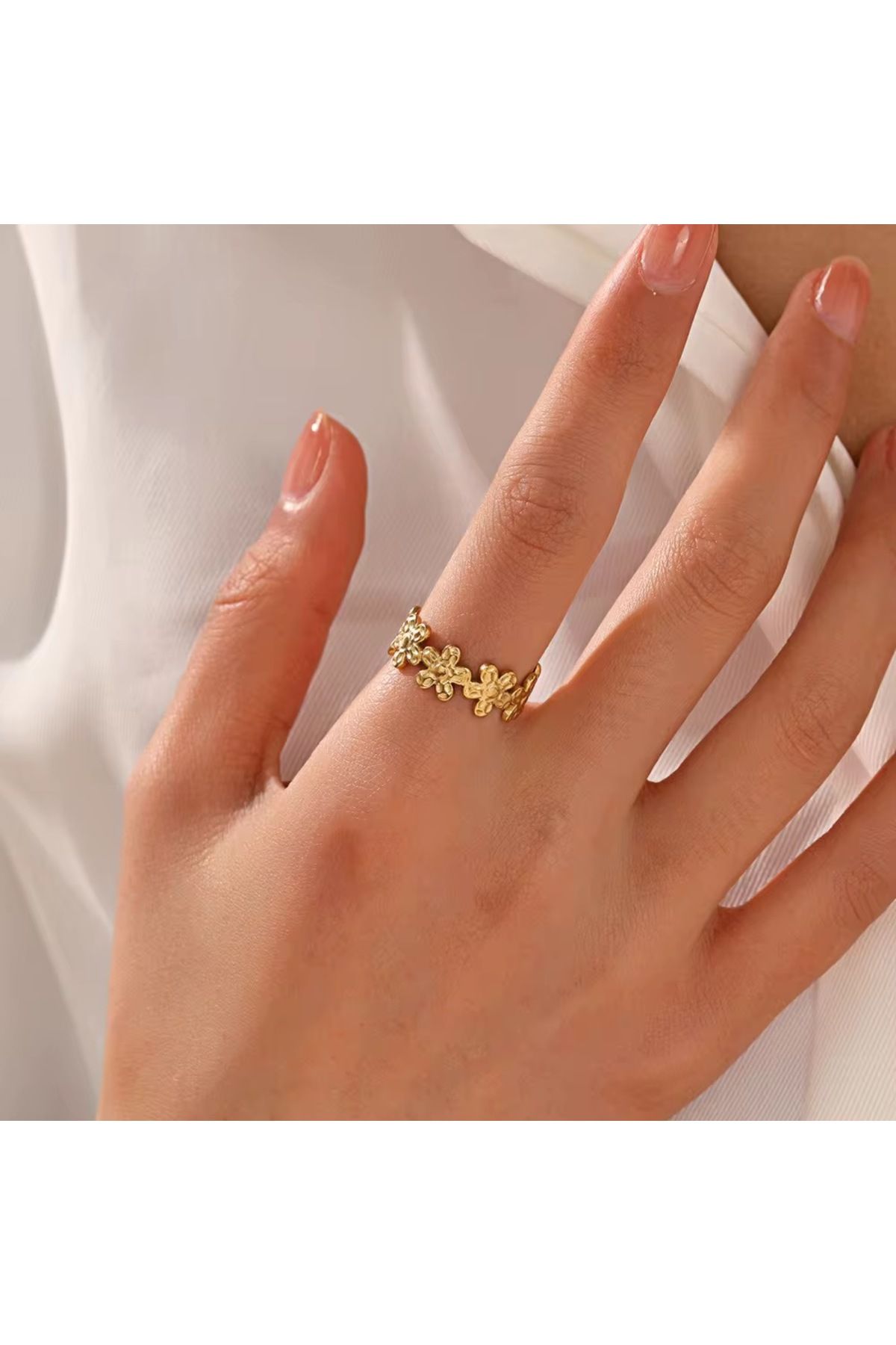 Siya Silver Kararmaz Çelik Sıralı Papatya Model Gold Renk Ayarlanabilir Kadın Yüzük