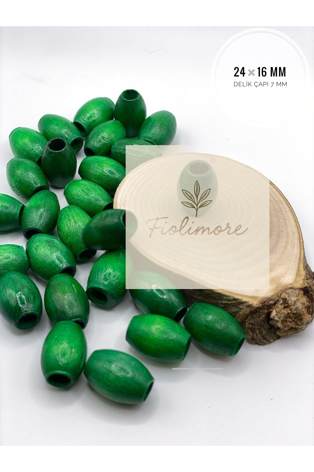 Fiolimore Oval Ahşap Renkli Yeşil Renk Boncuk 24x16 mm (50 Gram 25 Adet) Delik Çapı 7 mm Badem Tahta Boncuk