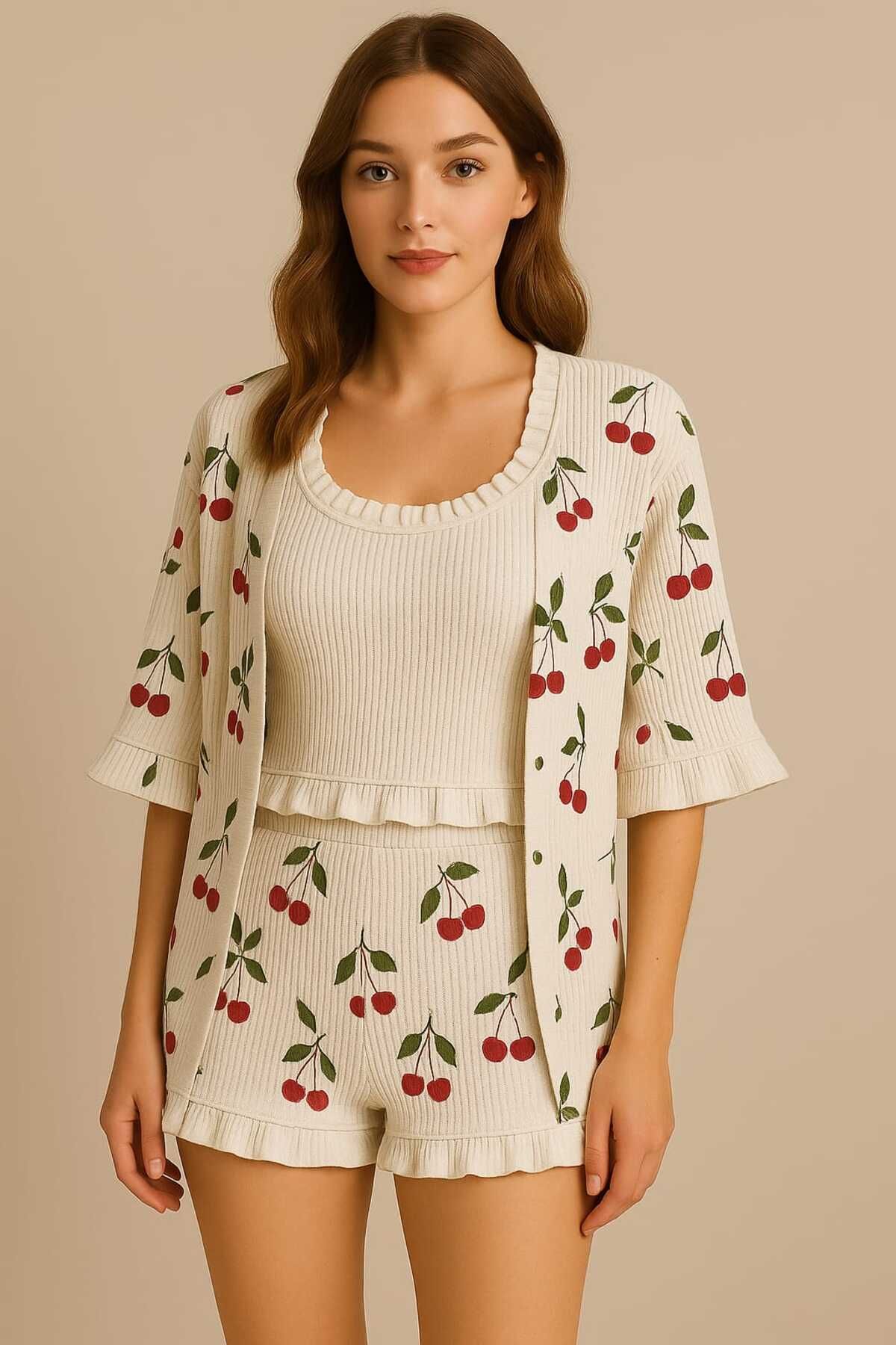 PEMBİŞ HOMEWEAR Fitilli Sabahlıklı Kiraz Desenli Şort Takımı