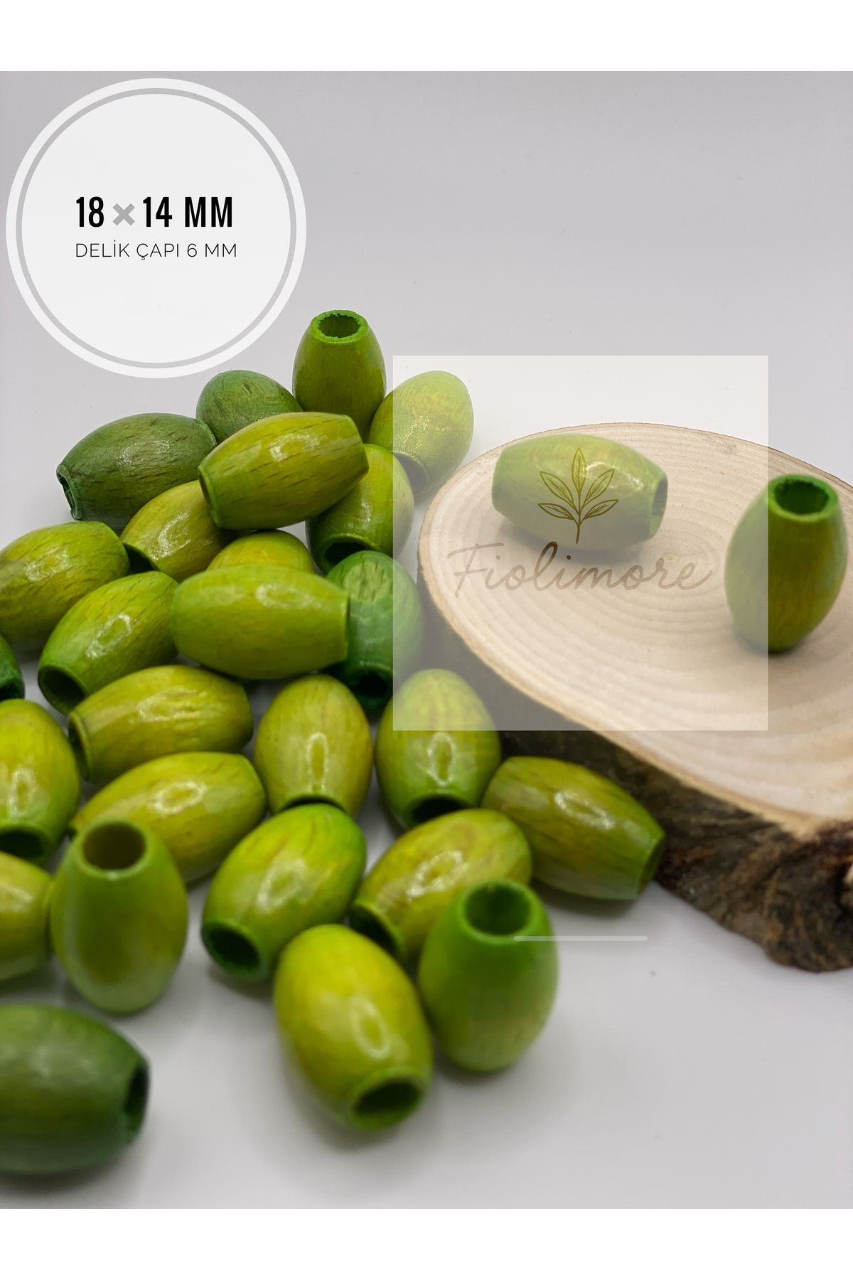 Fiolimore Oval Ahşap Renkli Fıstık Yeşili Boncuk 18x14 mm (50 Gram 40 Adet) Delik Çapı 6 mm Badem Tahta Boncuk