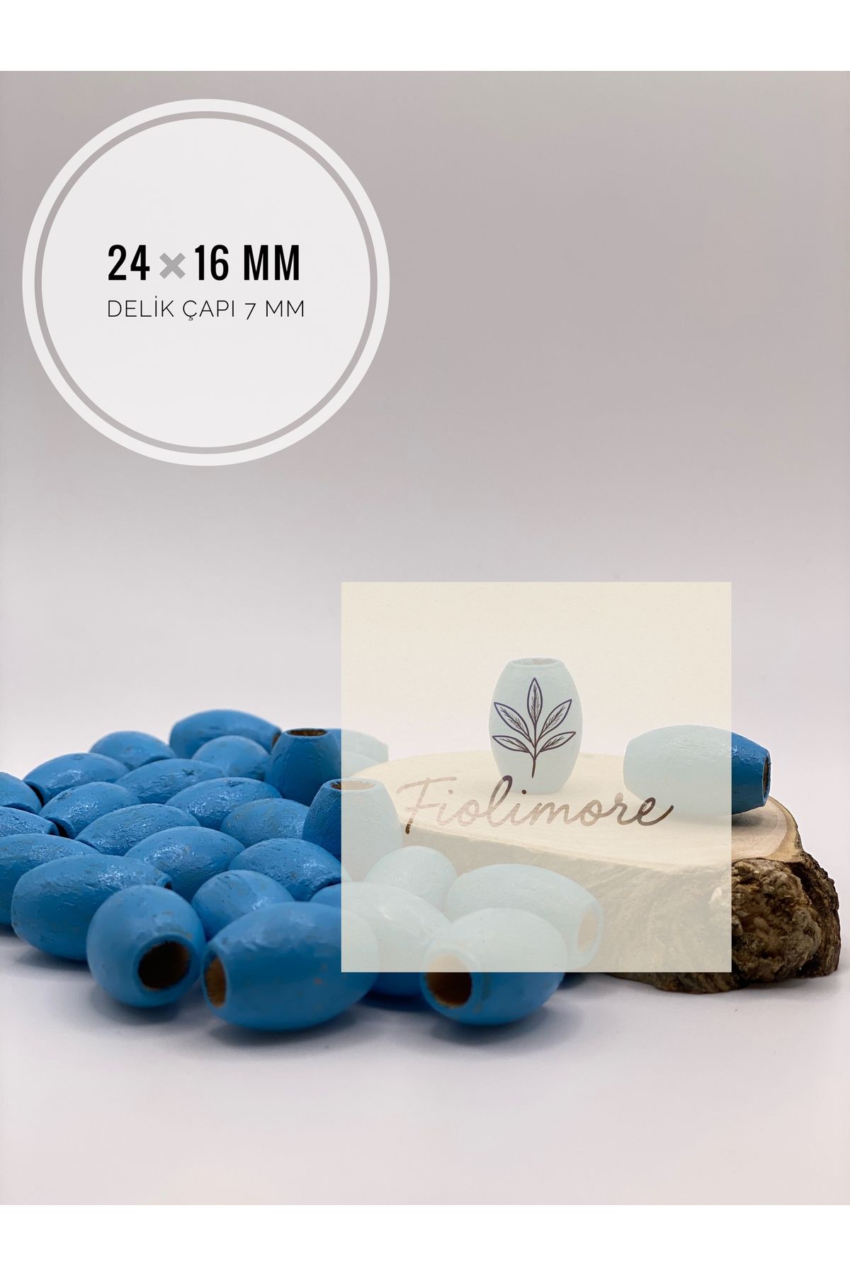 Fiolimore Oval Ahşap Renkli Mavi Rengi Boncuk 24x16 mm (50 Gram 25 Adet) Delik Çapı 7 mm Badem Tahta Boncuk