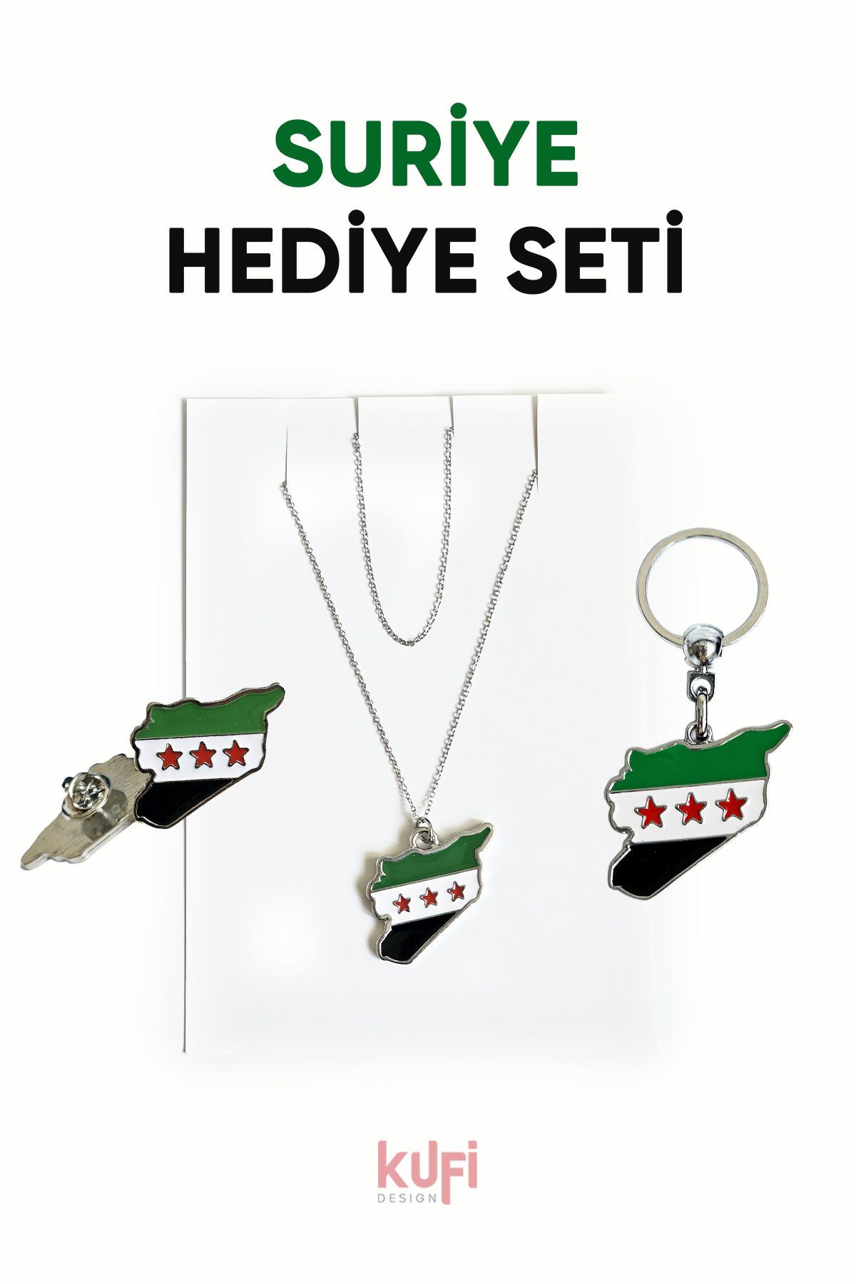 Kufi Design Suriye Bayrağı Kolye Anahtarlık Metal Yaka Rozeti Hediye Seti Kadın