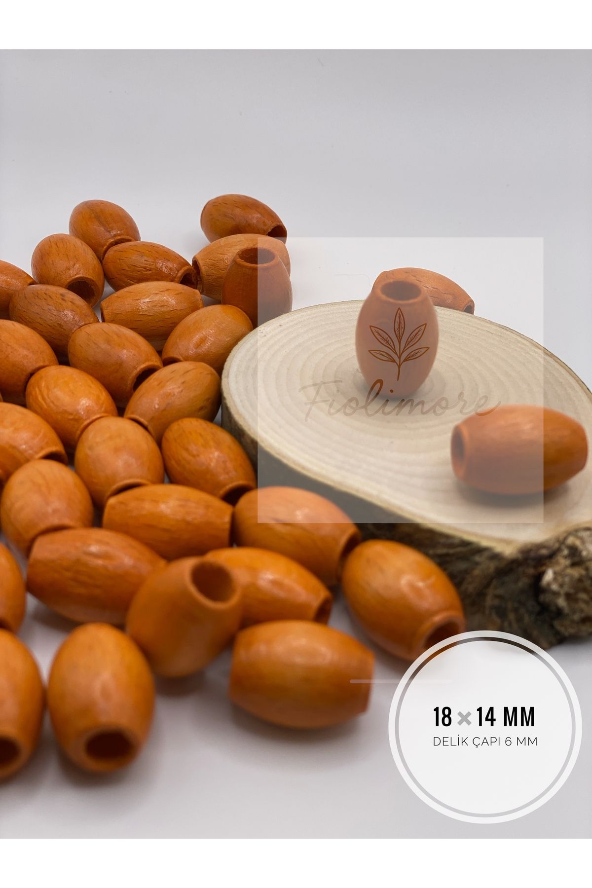 Fiolimore Oval Ahşap Renkli Turuncu Rengi Boncuk 18x14 mm (50 Gram 40 Adet) Delik Çapı 6 mm Badem Tahta Boncuk