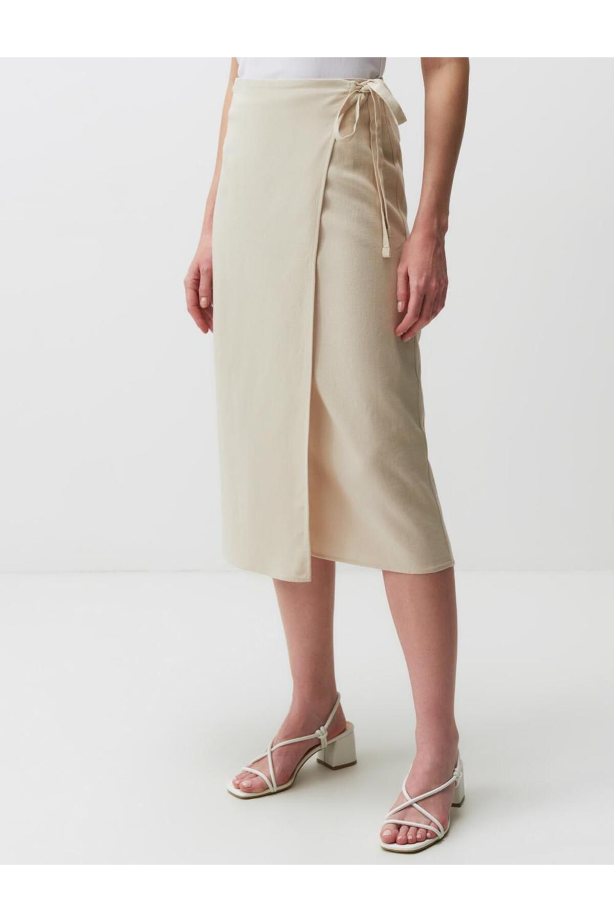 Jimmy Key-Regular Waist Midi Linen Skirt with Slits 3