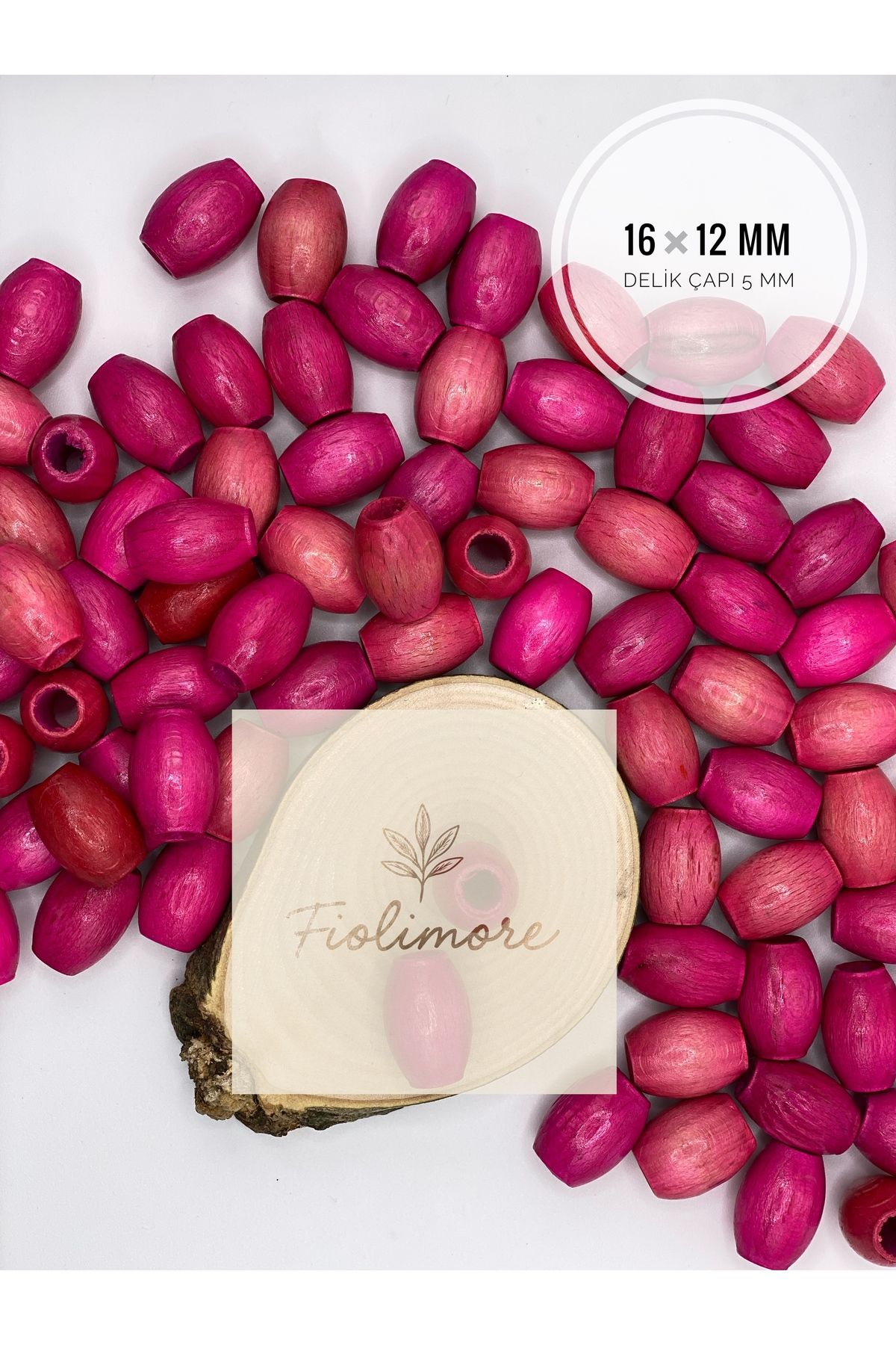 Fiolimore Oval Ahşap Renkli Fuşya Pembe Renk Boncuk 16x12 mm (50 Gram 75 Adet) Delik Çapı 5 mm Badem Tahta