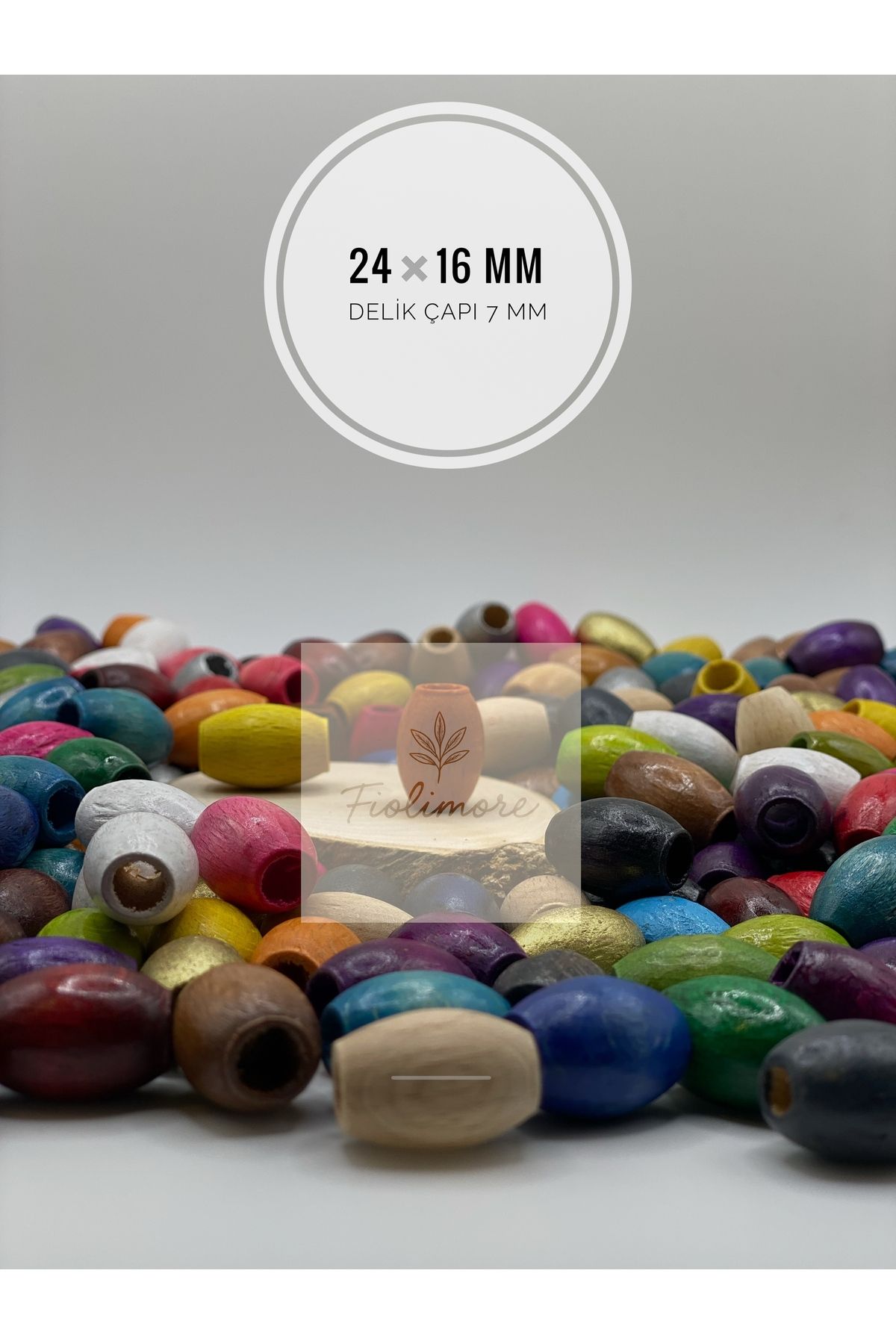 Fiolimore Oval Ahşap 24x16 mm Renkli Boncuk (50 Gram 40 Adet) Delik Çapı 6 mm Badem Tahta Boncuk