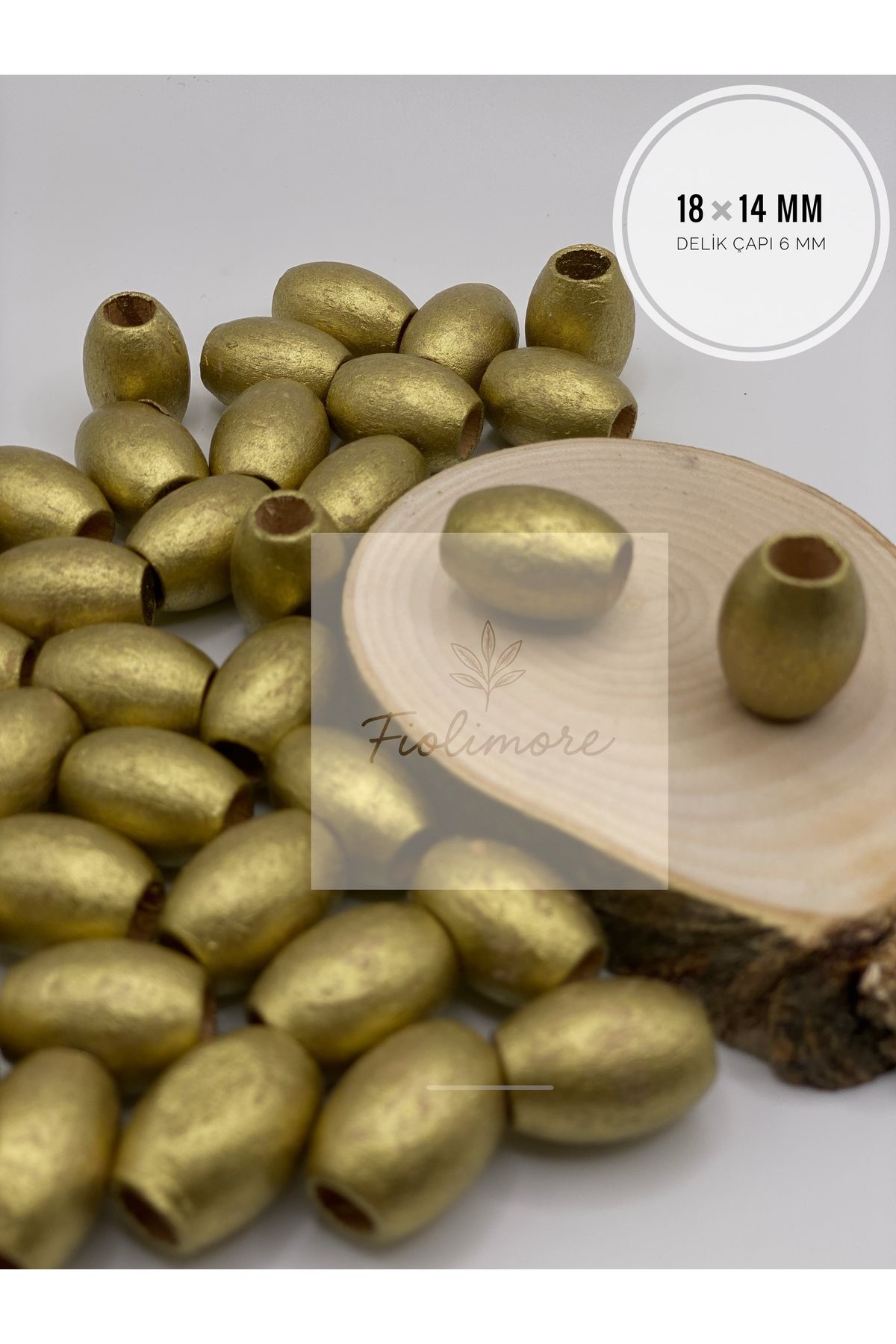 Fiolimore Oval Ahşap Renkli Altın Sarısı Boncuk 18x14 mm (50 Gram 40 Adet) Delik Çapı 6 mm Badem Tahta Boncuk