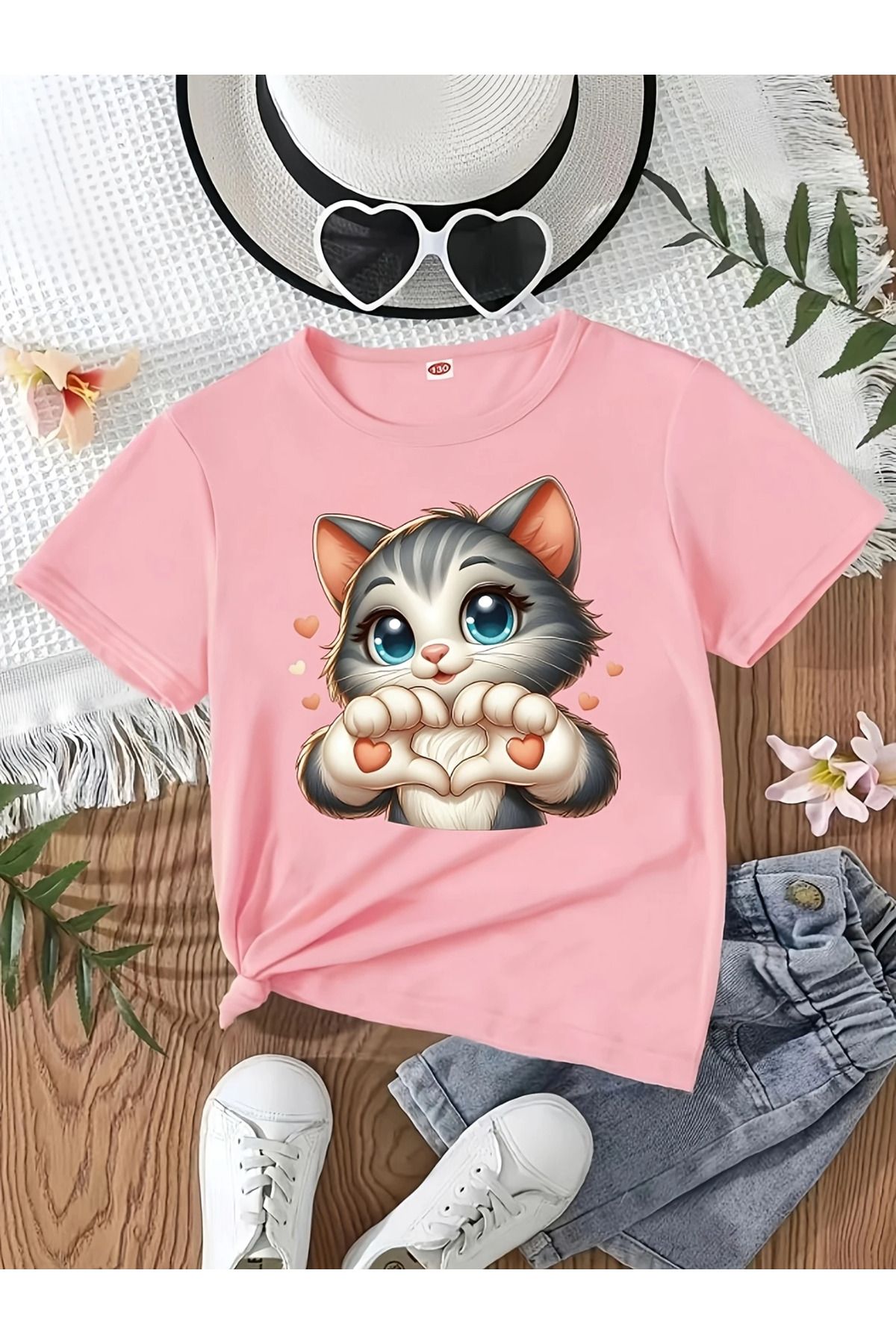 aynewmoda Sevimli Karikatür Kedi Baskılı Tişört Kadın Yuvarlak Yaka Kısa Kollu Tişört İlkbahar Yaz