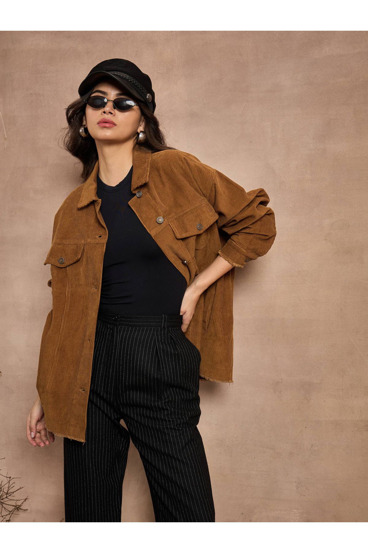 Sassafras By Styli-Textured Corduroy Oversized Shacket with Pockets 2
