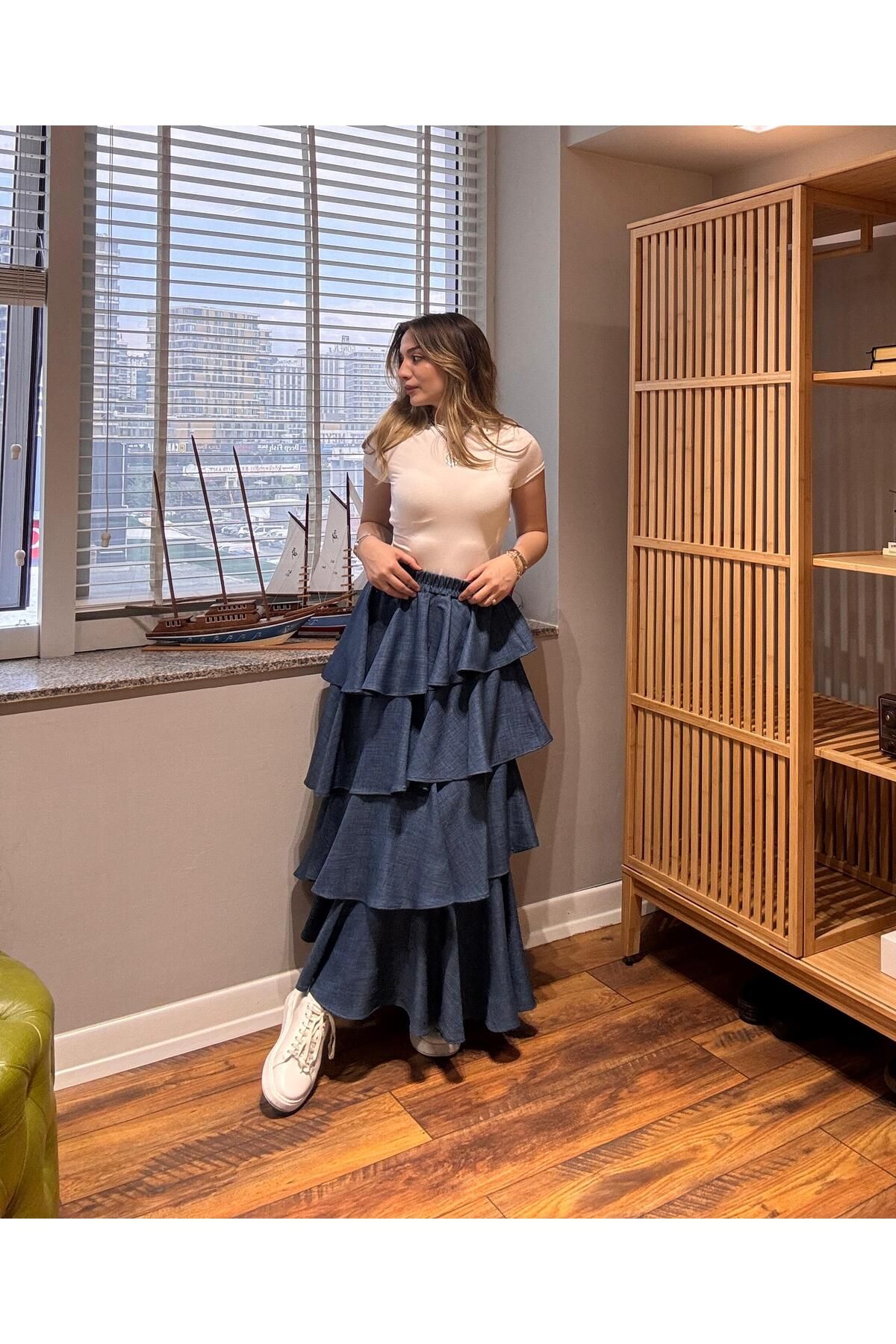 Hatun Atila Modal Kumaş Fırfırlı Etek 5193 İndigo