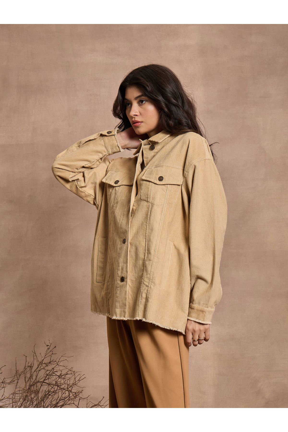 Sassafras By Styli-Textured Corduroy Oversized Shacket with Pockets 3