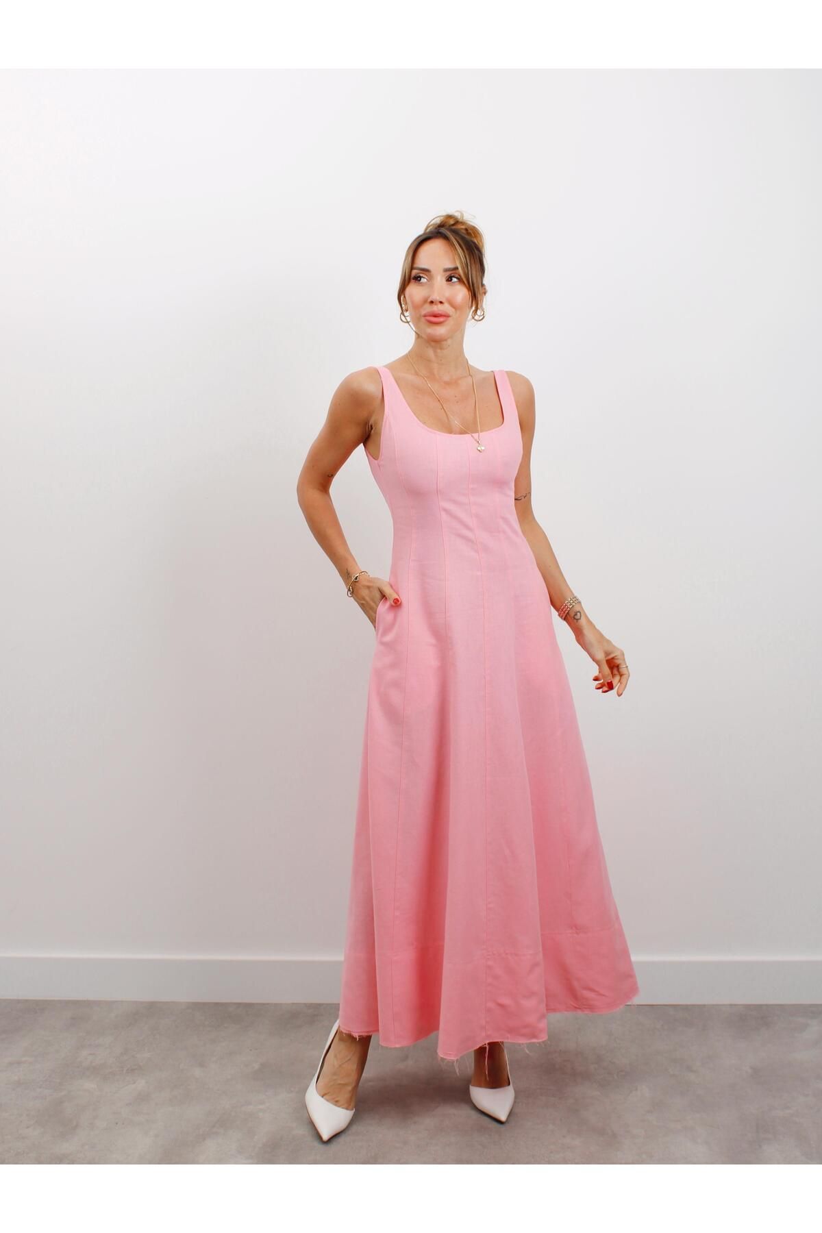 Maldia Shop Kadın Askılı Cepli Pembe Keten Elbise
