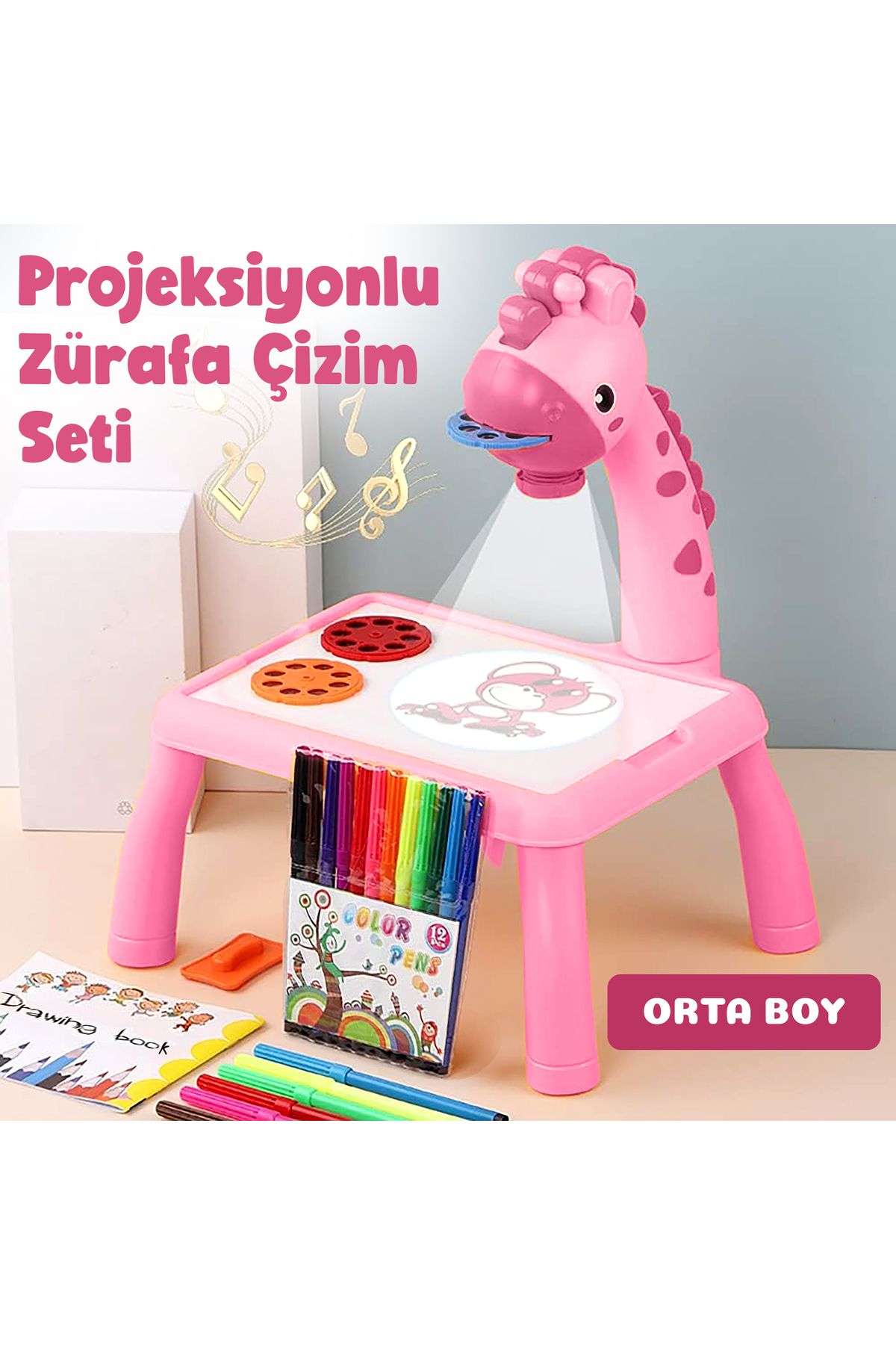 MODA Projeksiyonlu Pembe Zürafa Orta Boy Çizim Seti, 12 Renk Boya Kalemi Seti Ve Çizim Defteri
