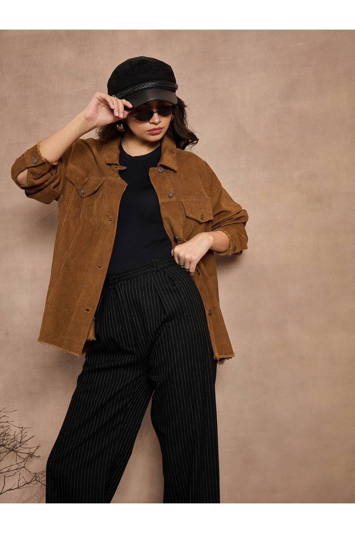 Sassafras By Styli-Textured Corduroy Oversized Shacket with Pockets 6