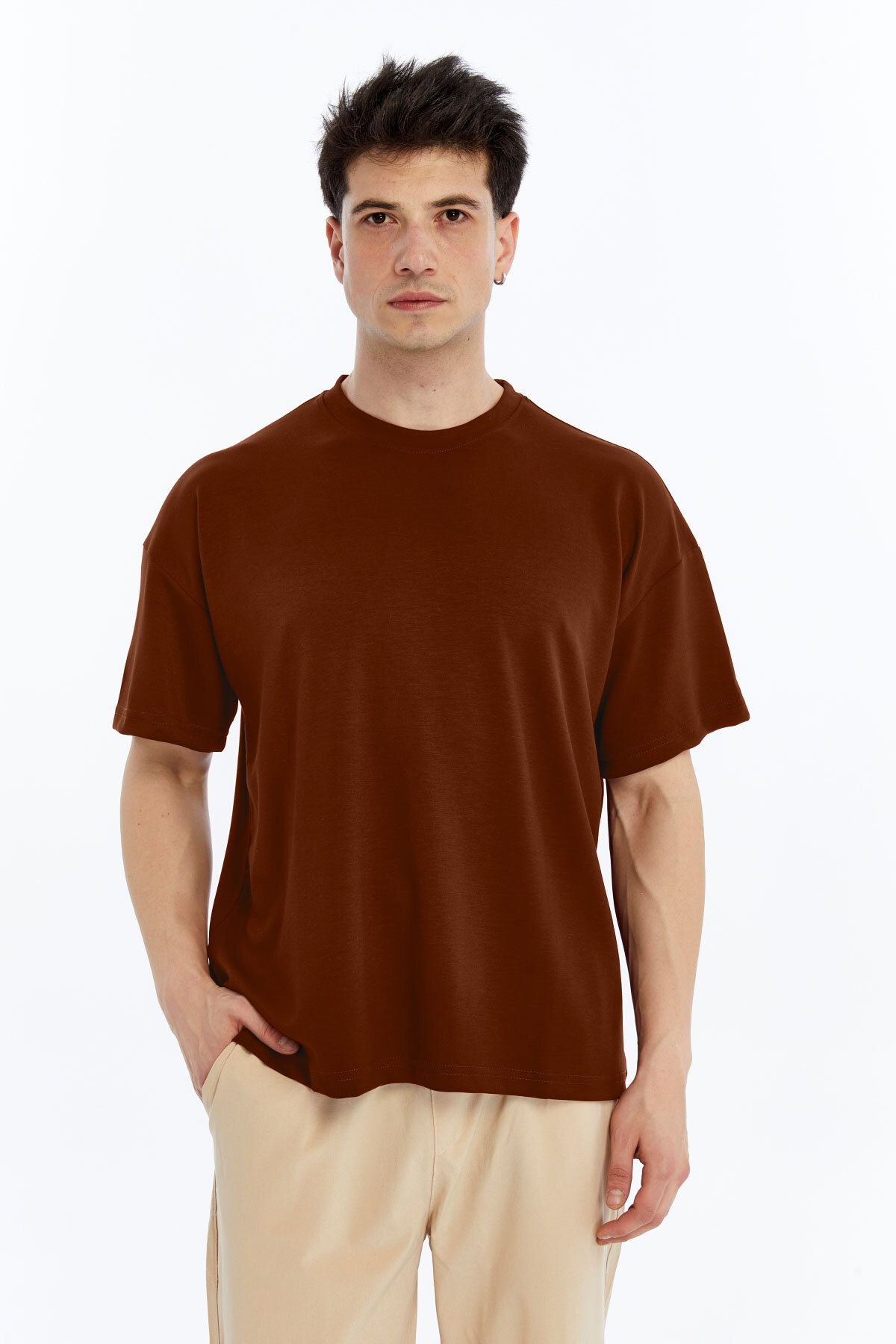KRAVEN Erkek Modal Tişört Oversize Rahat Bol Kalıp T-Shirt Ağır Kumaş Kolay Kırışmaz Ütü Gerektirmeyen
