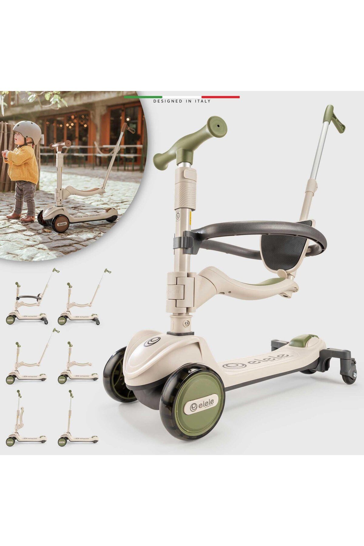 Elele Potenza 4in1 Ebeveyn Kontrollü 5 Tekerlekli Çocuk Scooter Işıklı Oturaklı Yeşil
