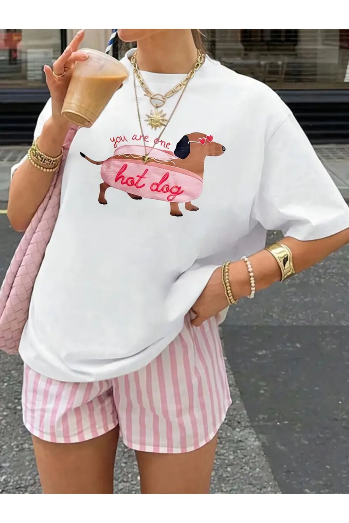 ALİKA Kadın Hot Dog Baskılı Oversize Rahat Kesim Şık T-shirt