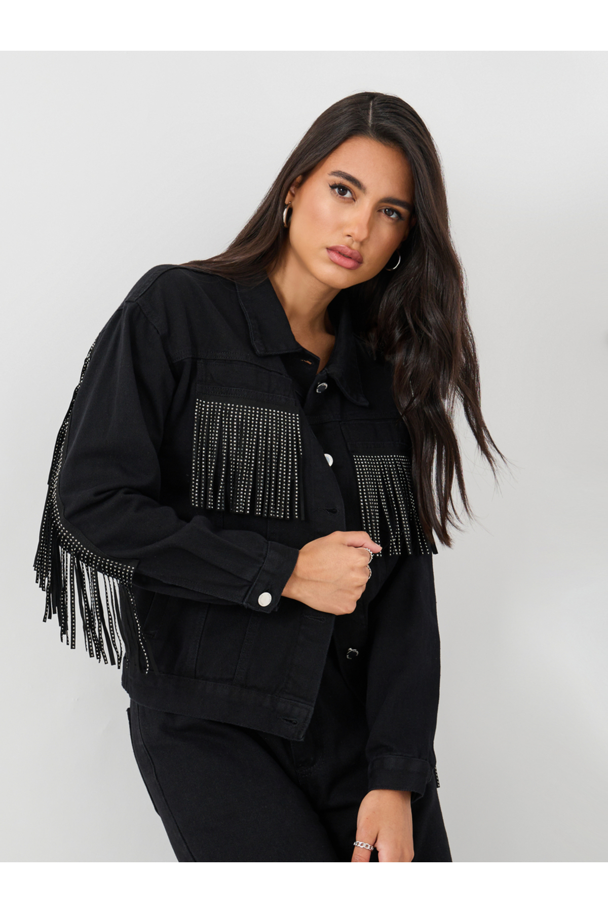 Styli Regular Fit Buttoned Denim Jacket with Frings Detail