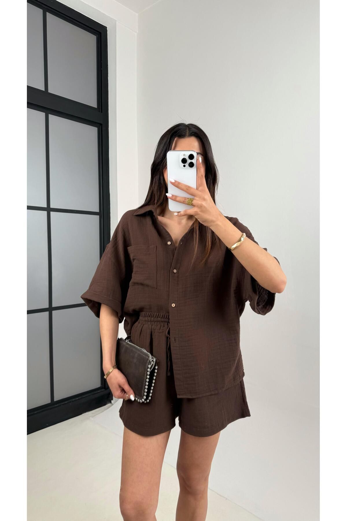 Gaus Acı Kahve Cepli Gömlek Beli Lastikli Şort Müslin Takım Gaus00445