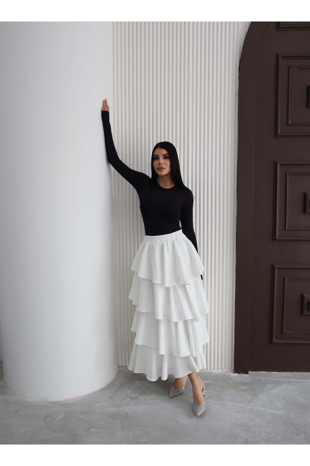 Hatun Atila Modal Kumaş Fırfırlı Etek 5193 Beyaz