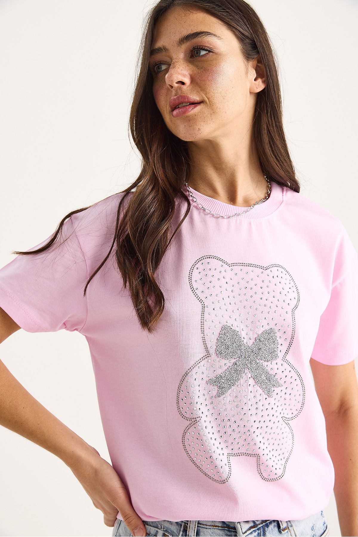 Bianco Lucci-Women's Teddy Ribbon Detailed Stone T-Shirt 60602035 5