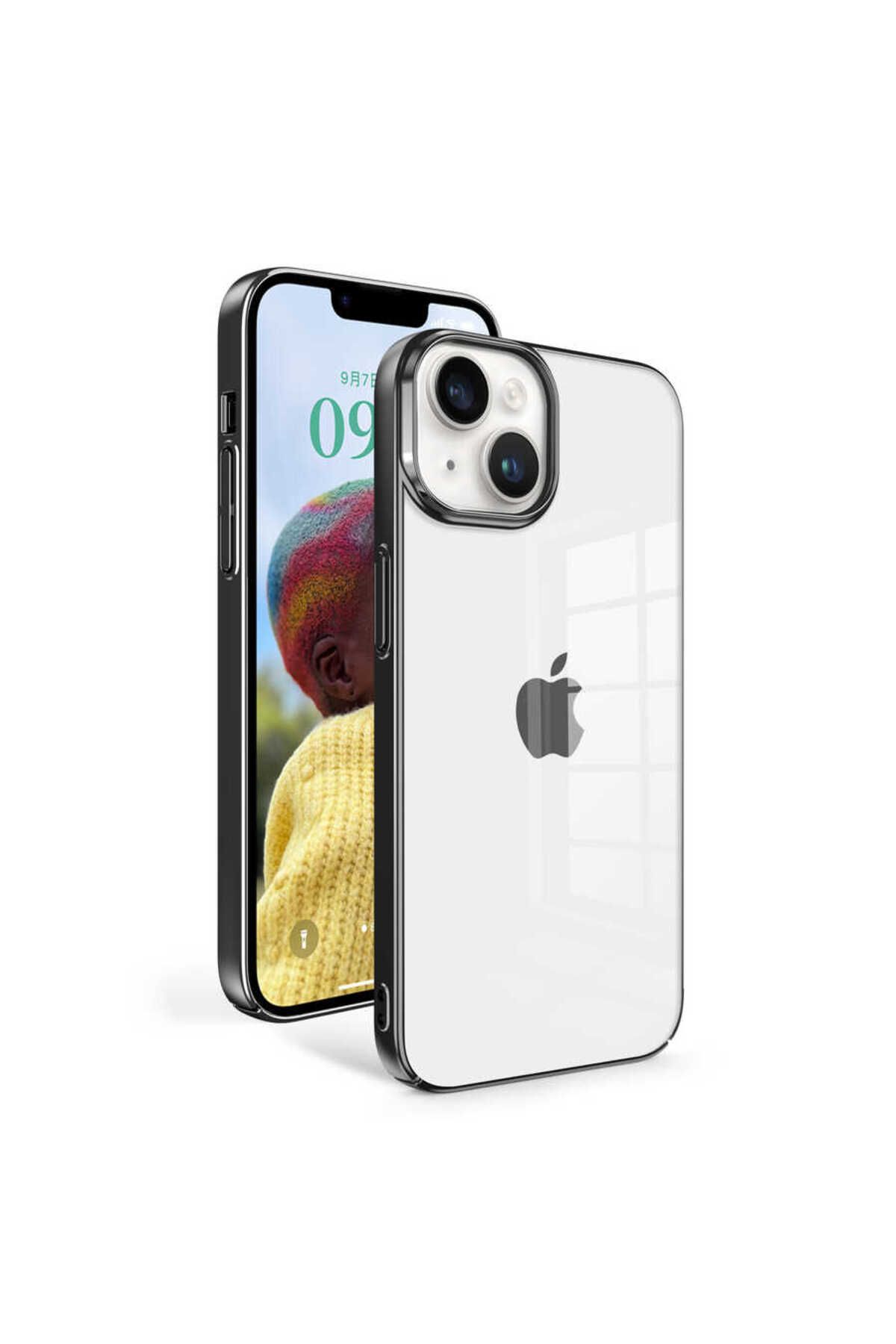 halkhouse İphone 14 Kılıf Metal Çerçeve Görünümlü Esnek Sert Silikon Sun Kapak