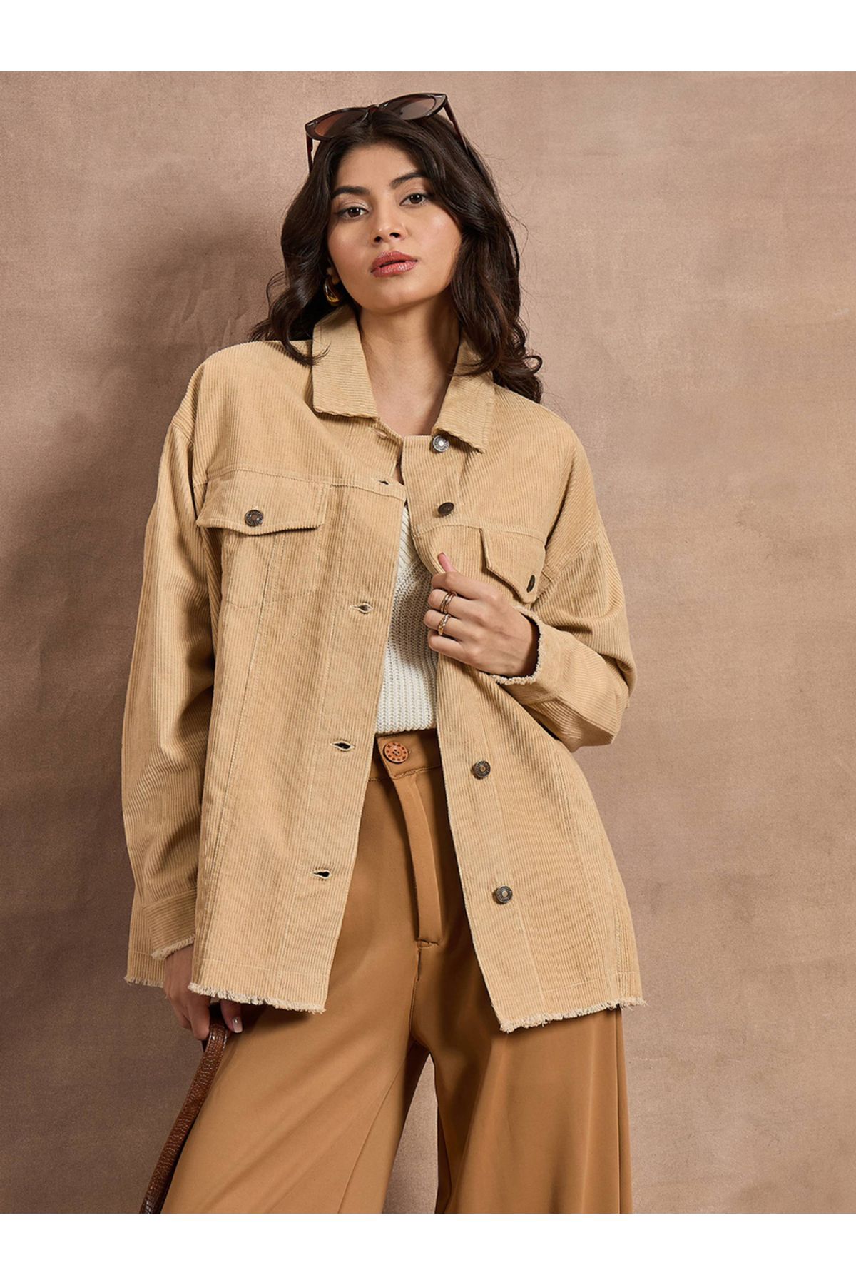 Sassafras By Styli-Textured Corduroy Oversized Shacket with Pockets 1