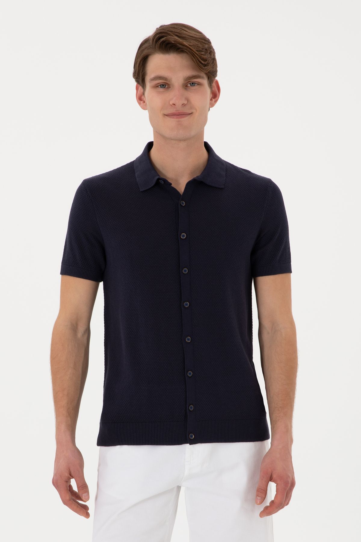 U.S. Polo Assn. Erkek Regular Fit Lacivert Düğmeli Triko Tişört 50306455-VR033